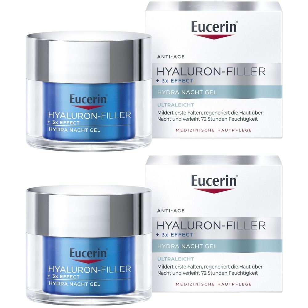 Zwei Tiegel und zwei Verpackungen. Auf den Tiegeln steht Eucerin, Hyaluron-Filler + 3x Effect Hydra Nacht Gel. Verpackungen mit Produktinformationen.