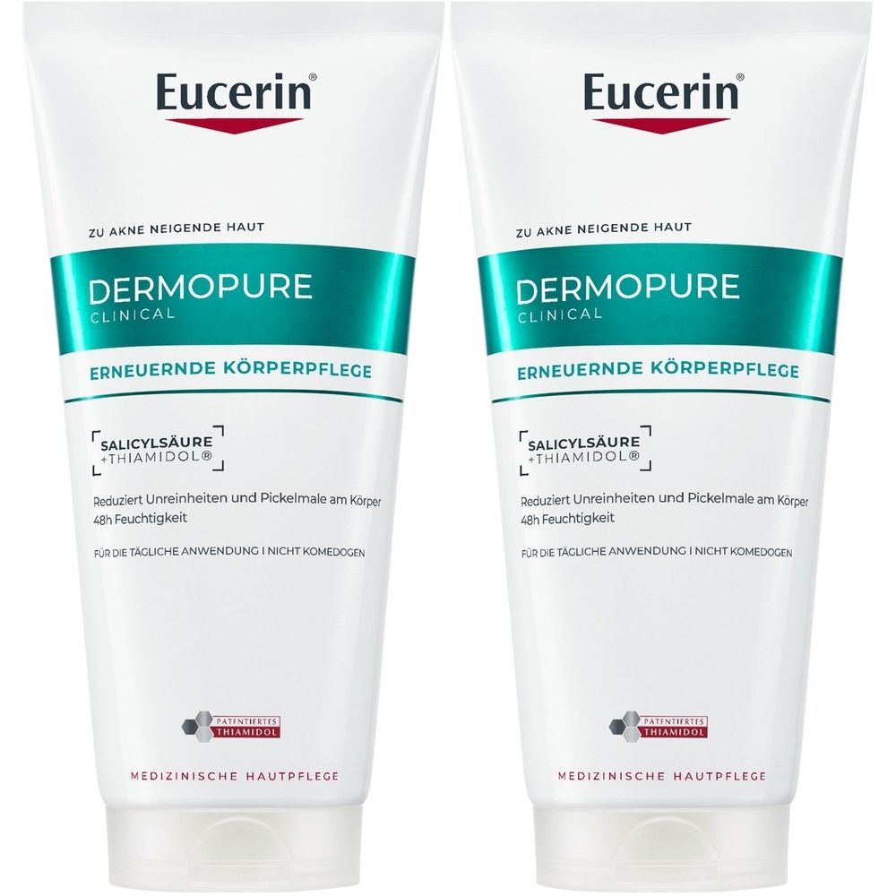 Zwei Tuben Eucerin Dermopure Körperpflege. Weiß, mit grünen und weißen Schriftzügen. Enthält Salicylsäure und Thiamidol.