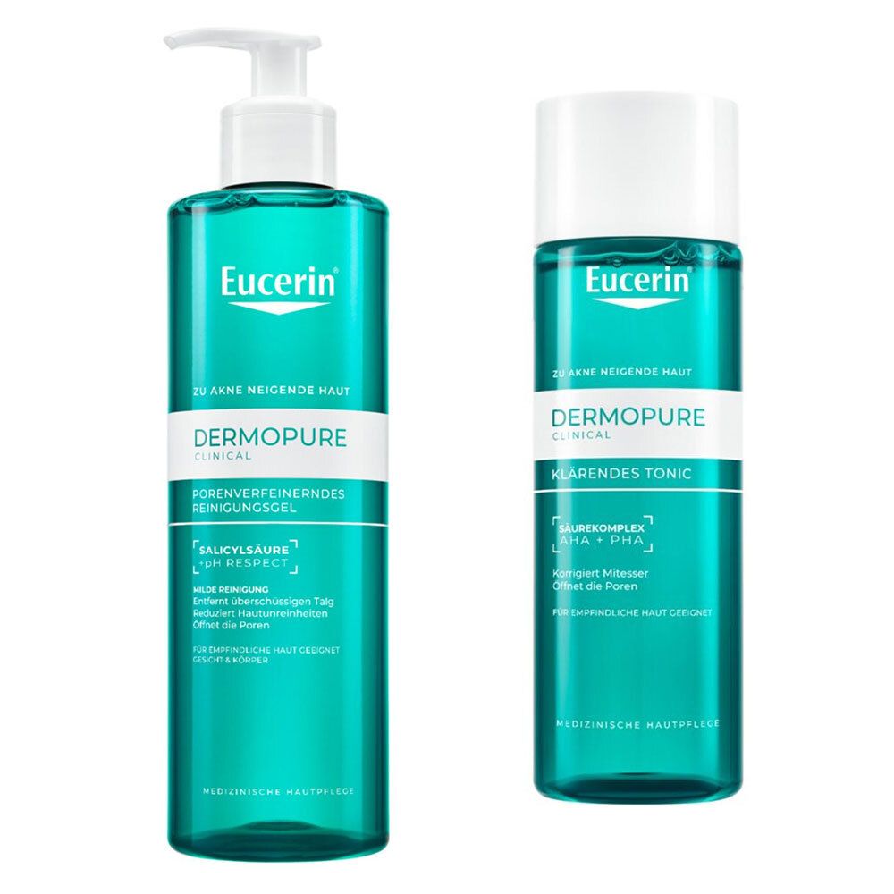 Zwei Flaschen Eucerin Dermopure Produkte. Links: Reinigungsgel mit Pumpe. Rechts: Klärendes Tonic mit weißem Deckel.