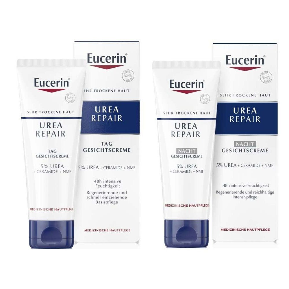 Zwei Tuben und zwei Kartons von Eucerin Urea Repair Gesichtscreme. Auf den Tuben und Kartons steht "Urea Repair" und "Eucerin".