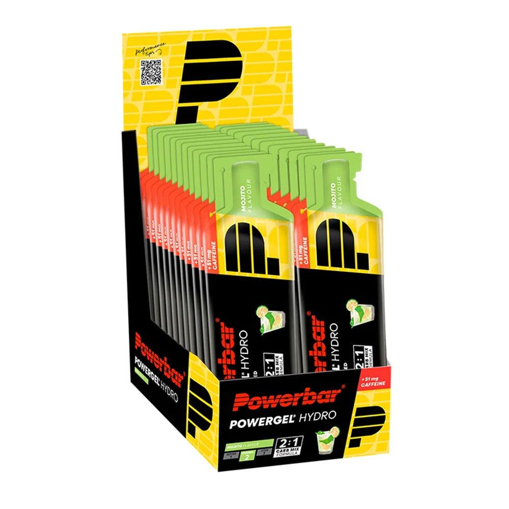 Display mit POWERBAR Energiegel Hydro Mojito. Einzelne Gel-Päckchen in grüner und gelber Verpackung. Schwarzer Karton mit Logo.