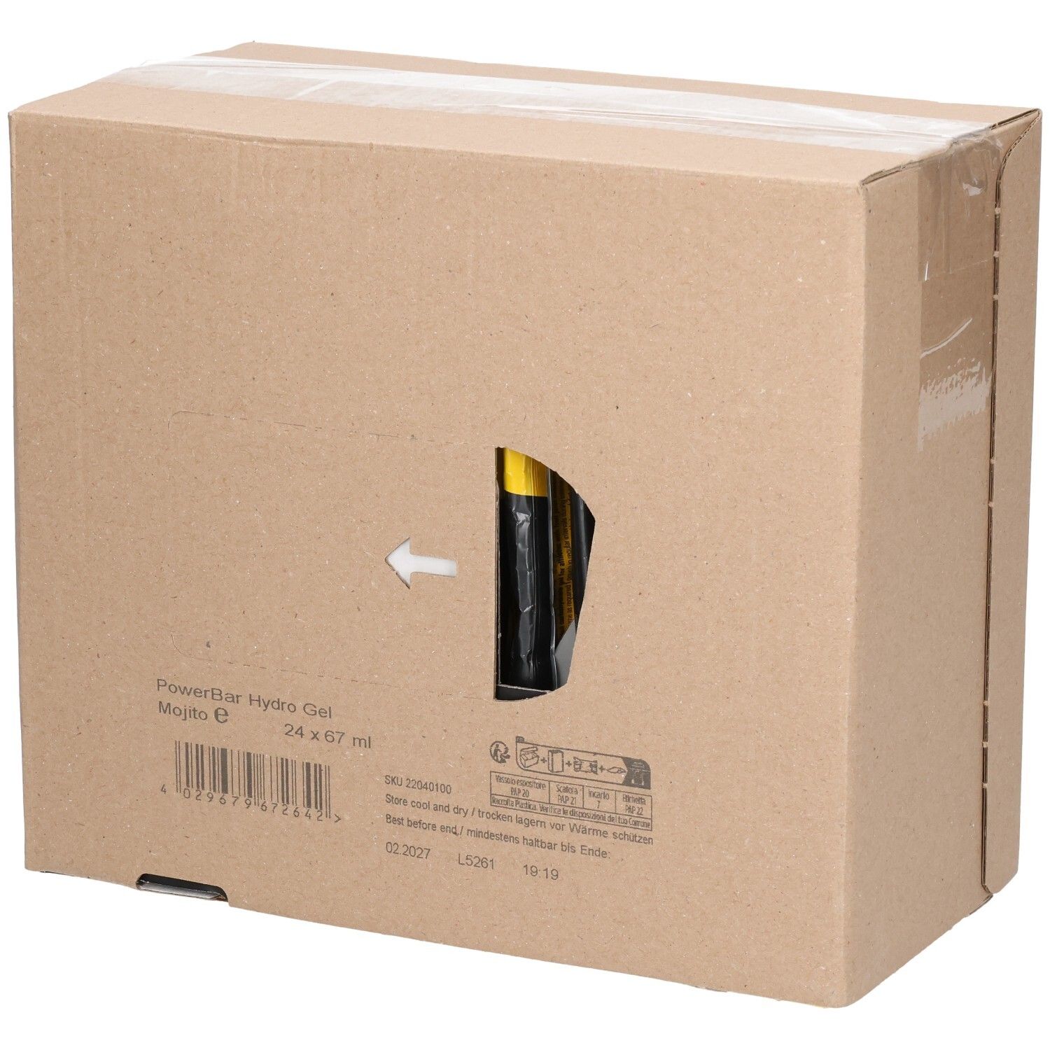 Kartonverpackung mit Sichtfenster. PowerBar Hydro Gel Mojito E, 24 x 67 ml. Pfeil zeigt auf das Innere. Aufdrucke und Barcode.