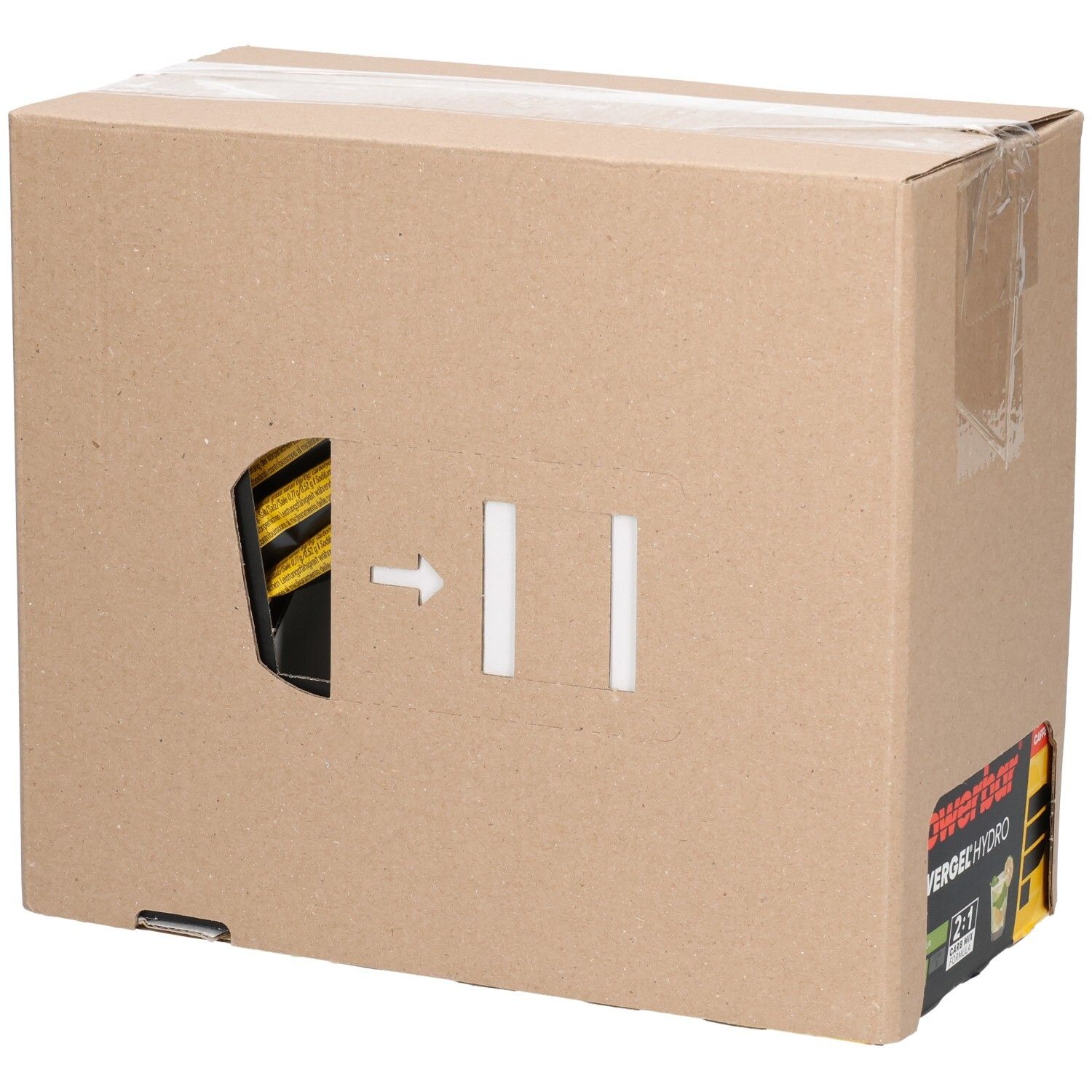 Kartonverpackung mit Sichtfenster. Gelbe und schwarze Gels sichtbar. Pfeil zeigt auf das Innere. Aufdrucke.