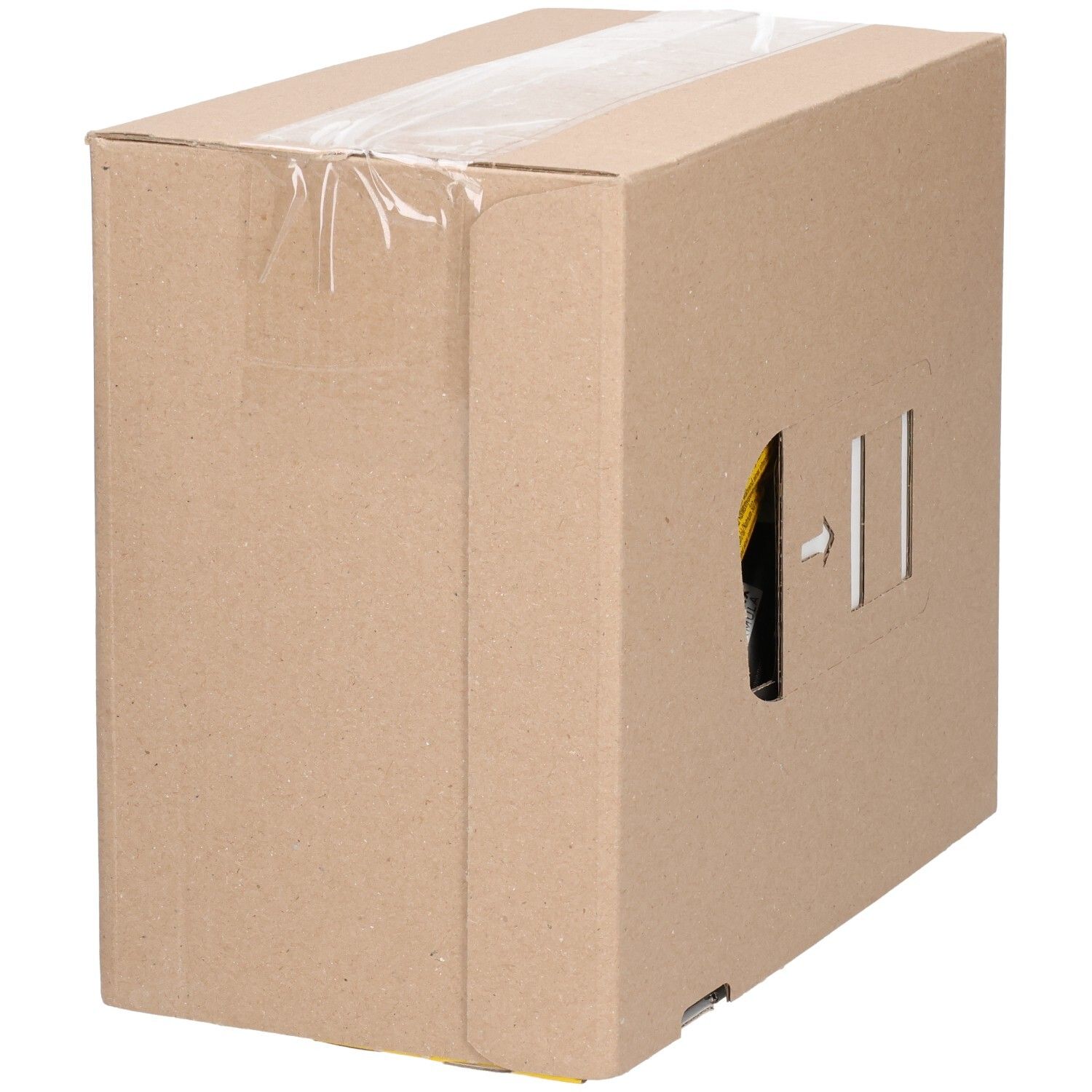 Kartonverpackung mit Sichtfenster. Gelbe und schwarze Gels sichtbar. Pfeil zeigt auf das Innere. Aufdrucke.