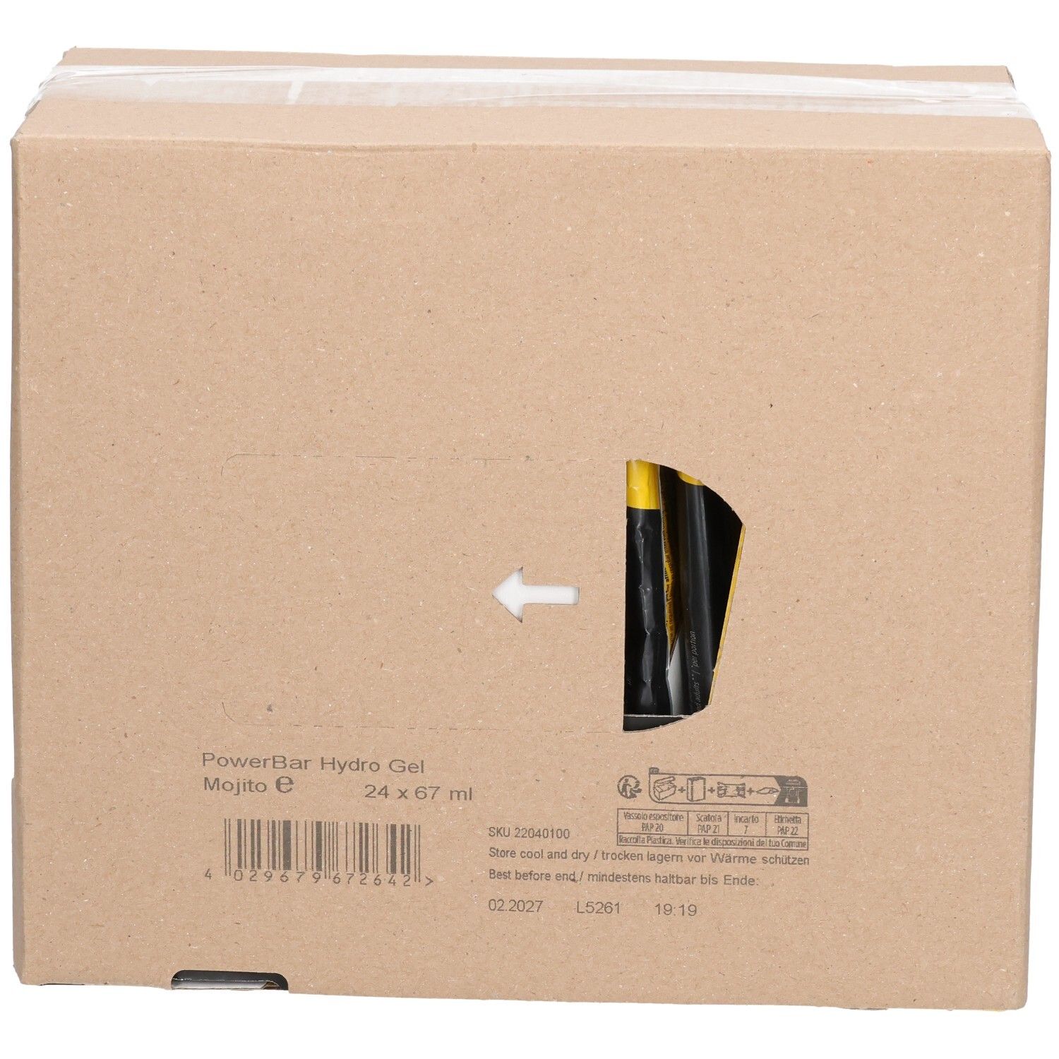 Kartonverpackung mit Sichtfenster. PowerBar Hydro Gel Mojito E, 24 x 67 ml. Pfeil zeigt auf das Innere. Aufdrucke und Barcode.