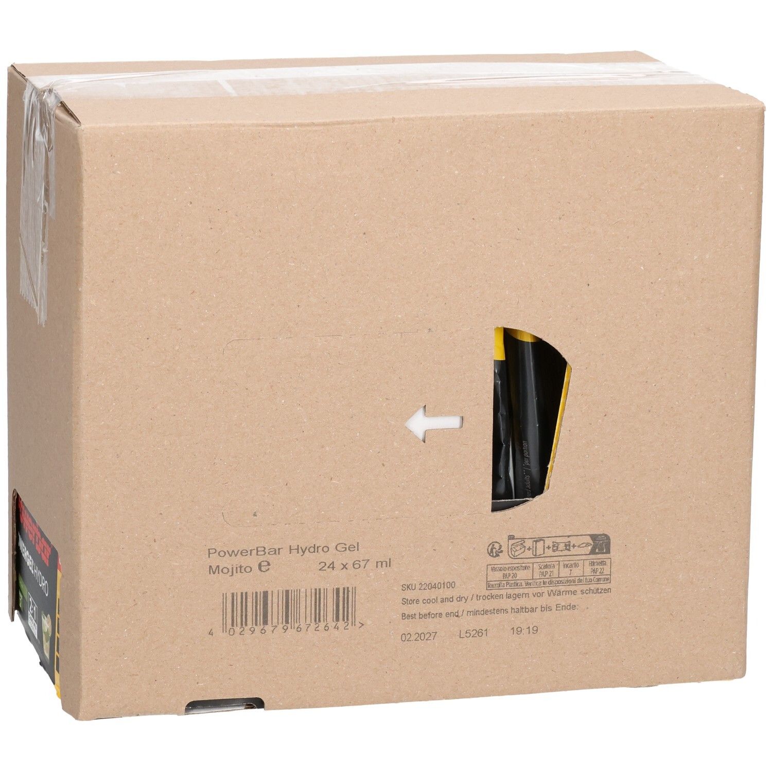 Kartonverpackung mit Sichtfenster. PowerBar Hydro Gel Mojito E, 24 x 67 ml. Pfeil zeigt auf das Innere. Aufdrucke und Barcode.