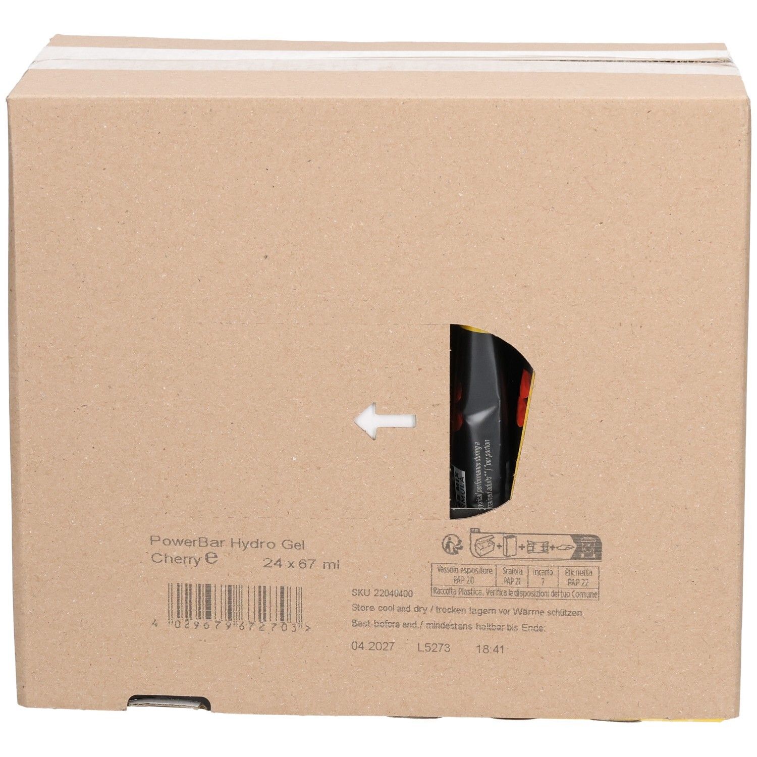 Kartonverpackung mit Sichtfenster. PowerBar Hydro Gel Cherry E, 24 x 67 ml. Pfeil zeigt auf das Produkt. Aufdrucke mit Produktinformationen.