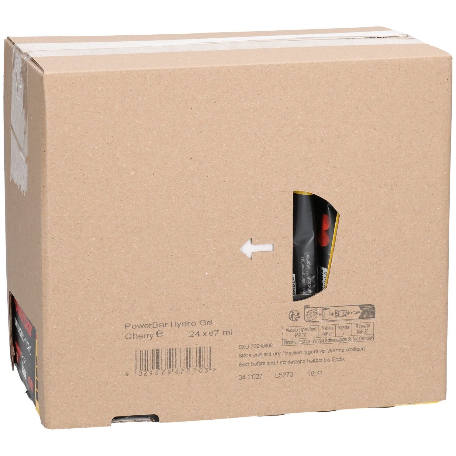 Kartonverpackung mit Sichtfenster. PowerBar Hydro Gel Cherry E, 24 x 67 ml. Pfeil zeigt auf das Produkt. Aufdrucke mit Produktinformationen.