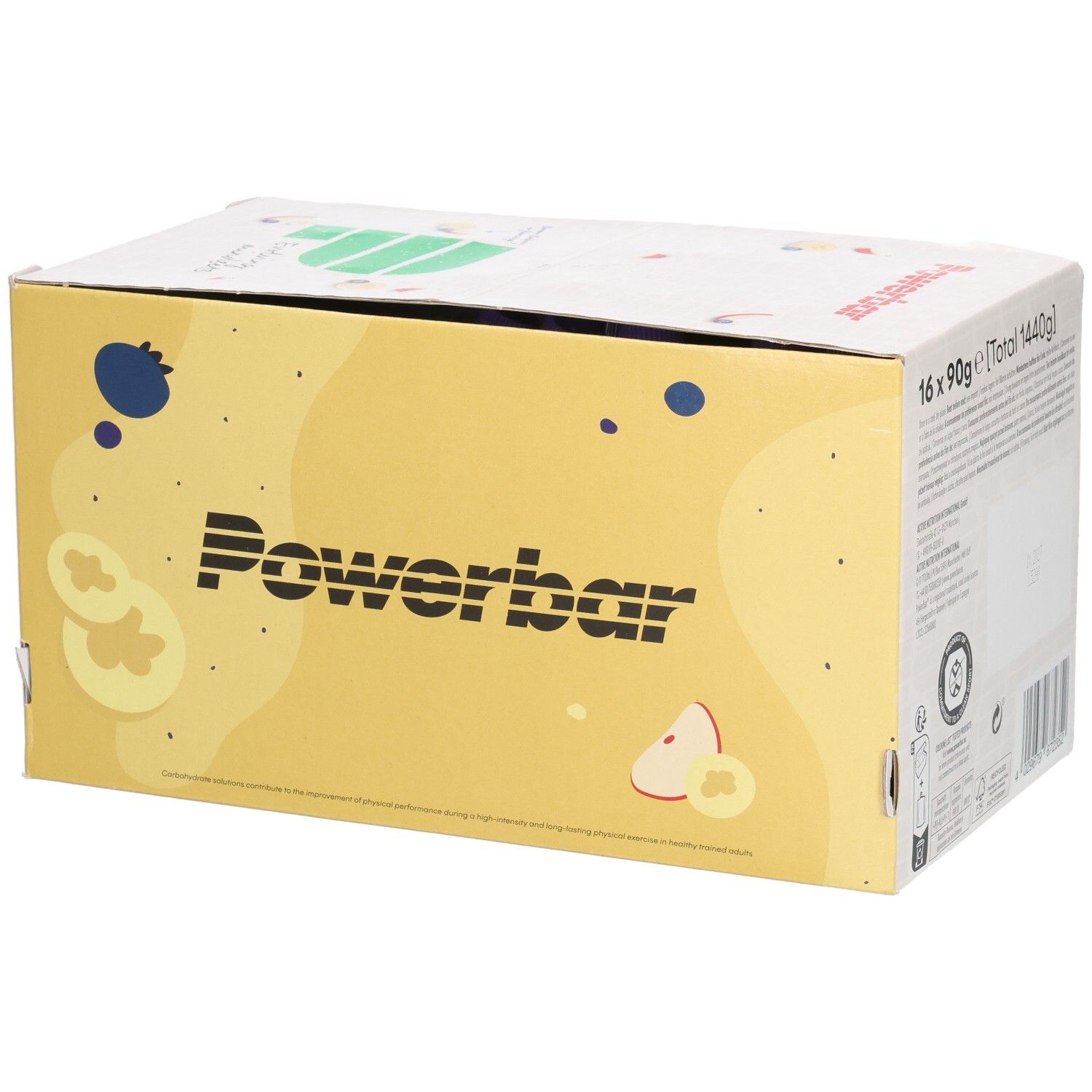 Kartonverpackung mit Powerbar-Logo. Rückseite mit Text und Logos. Gelbe und weiße Farbgebung. Schriftzug Powerbar.