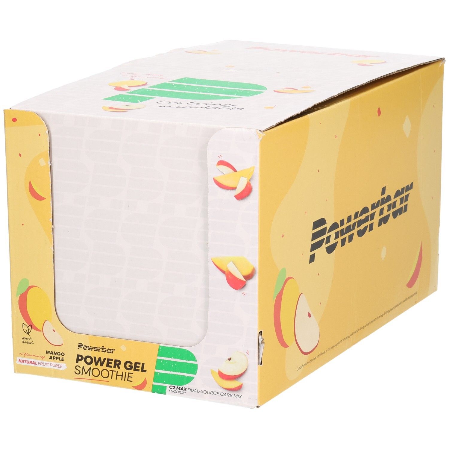Kartonverpackung mit Powerbar PowerGel Smoothie Mango Apple. Gelbe und weiße Farben, Mango- und Apfel-Illustrationen, Produktname und Logo.