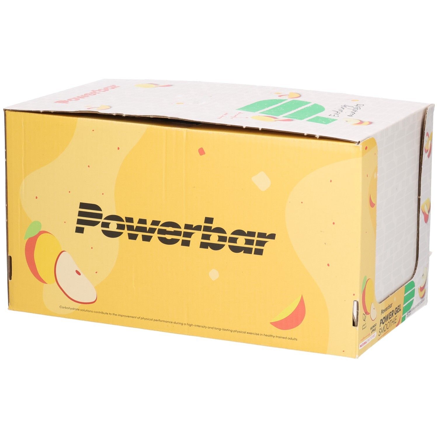 Kartonverpackung mit Powerbar-Logo und Mango-Apfel-Illustrationen. Gelber Hintergrund, weißes Logo, Produktname nicht sichtbar.
