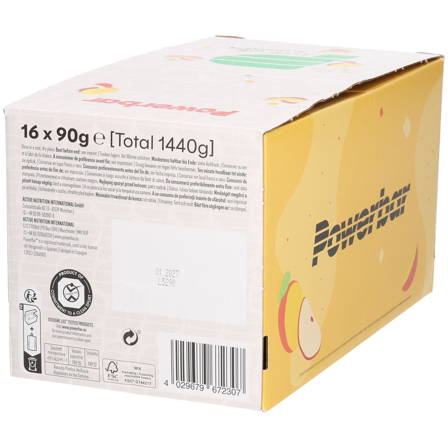 Kartonverpackung mit Powerbar-Logo und Produktinformationen. Enthält 16 x 90g PowerGel. Rückseite mit Text und Logos.