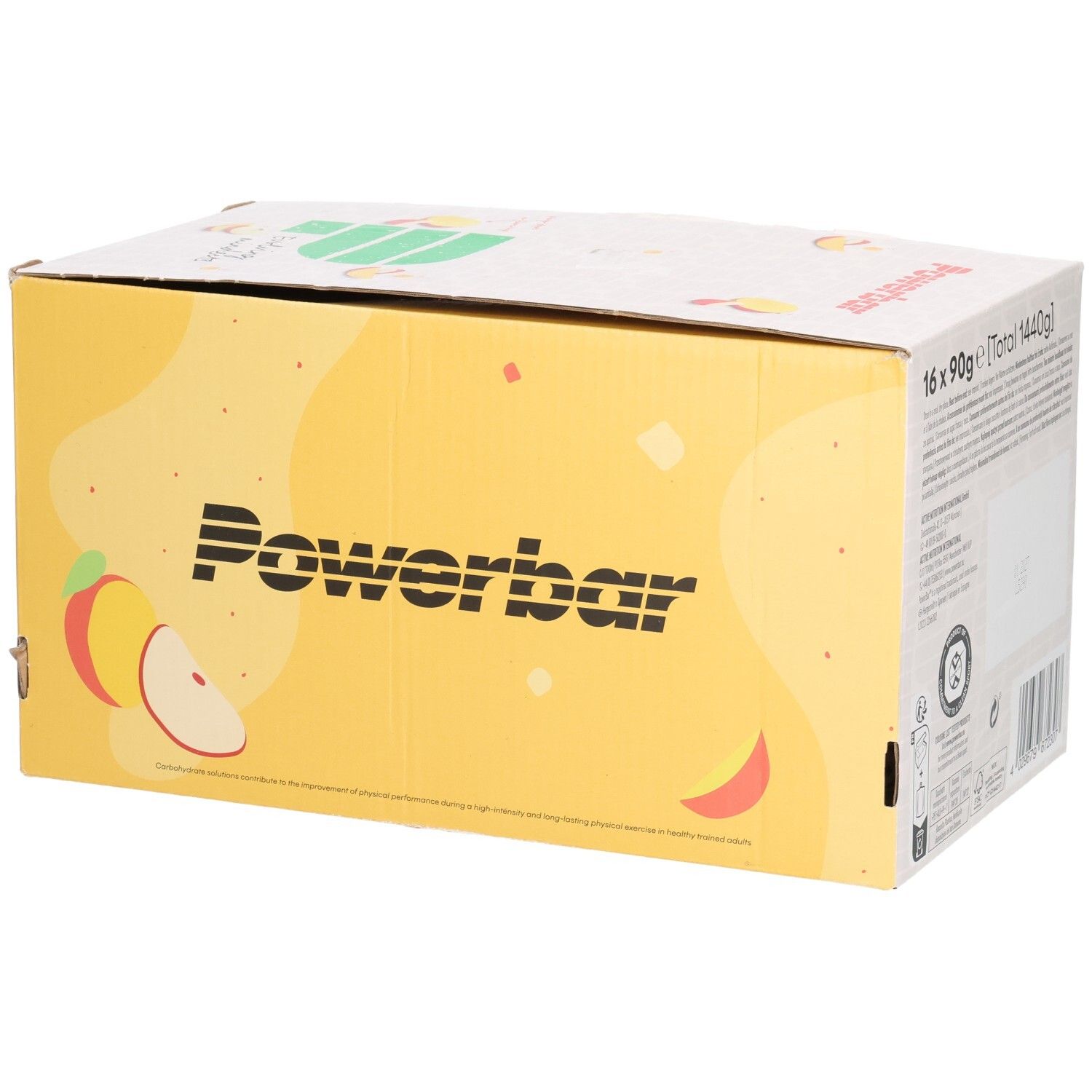 Kartonverpackung mit Powerbar-Logo und Produktinformationen. Gelber Hintergrund, 16 x 90g PowerGel. Rückseite mit Text.