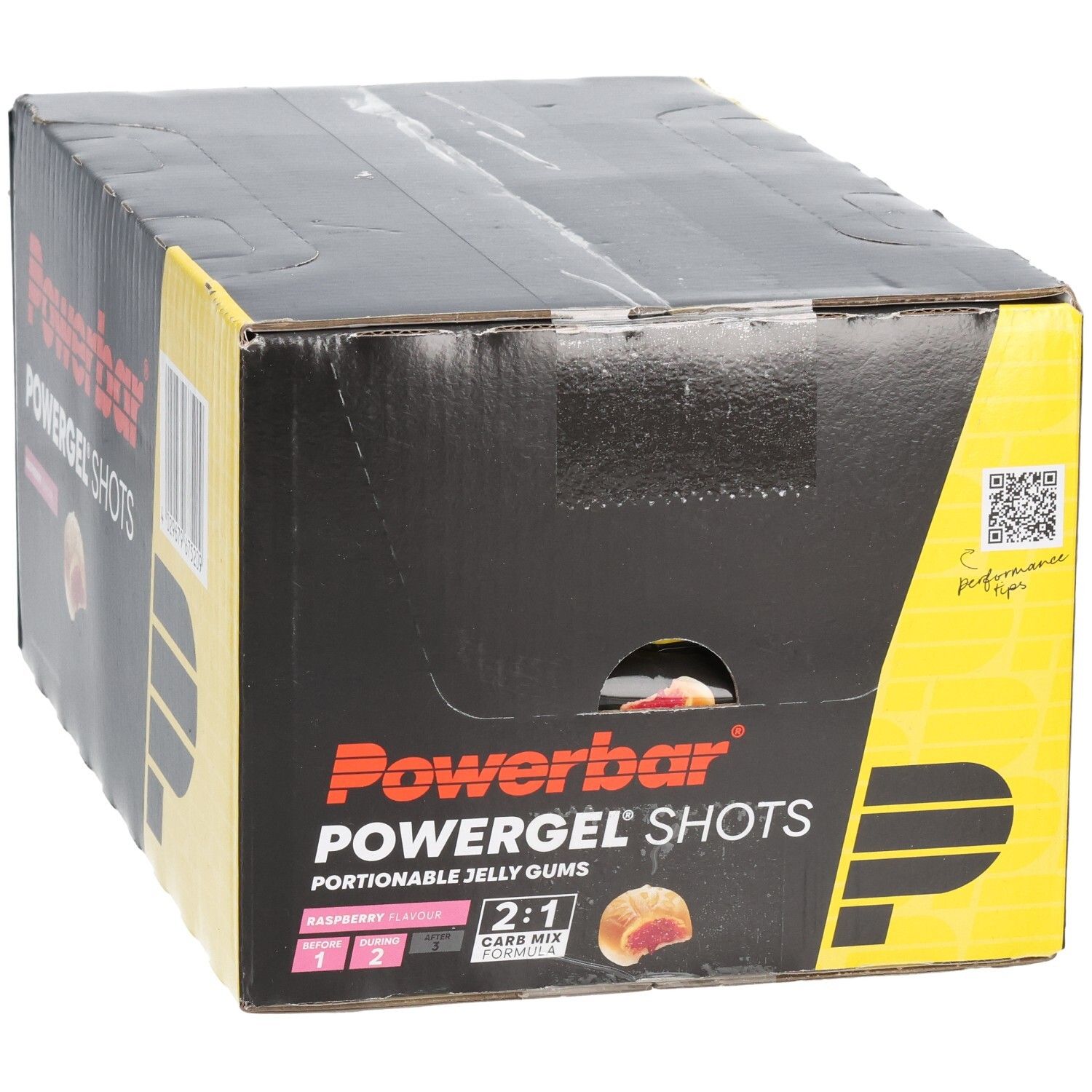 Schwarzer Karton mit Powerbar Powergel Shots. Aufdrucke: Himbeere, 2:1 Carb Mix, Piktogramme. Gelbe und rote Akzente.