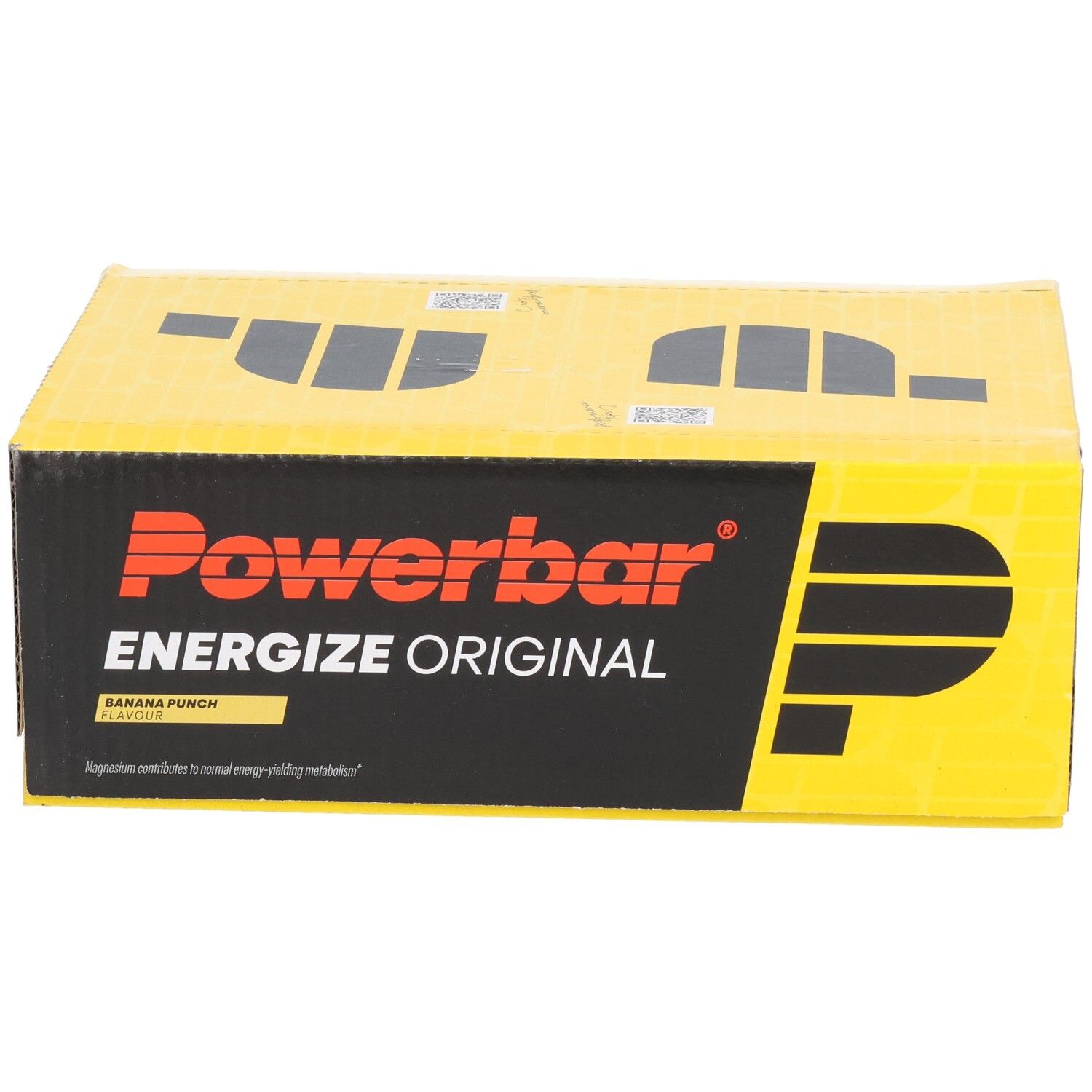 Gelbe Kartonverpackung mit "Powerbar Energize Original"-Logo. Aufschrift "Banana Punch".