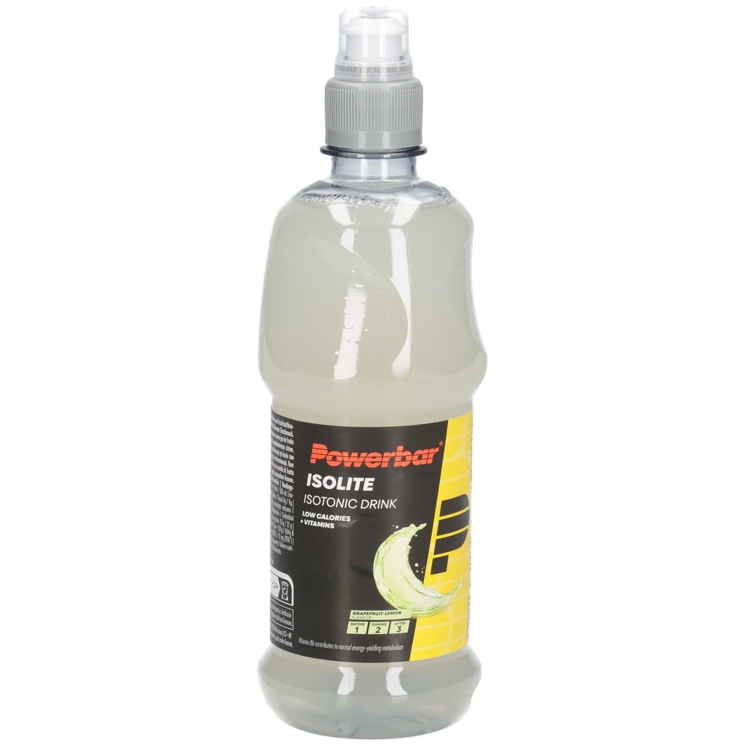 Klare Flasche mit Powerbar Isolite. Isotonisches Sportgetränk. Grapefruit-Zitrone. Schwarzes Etikett mit gelben Akzenten. Sichtbare Flüssigkeit.