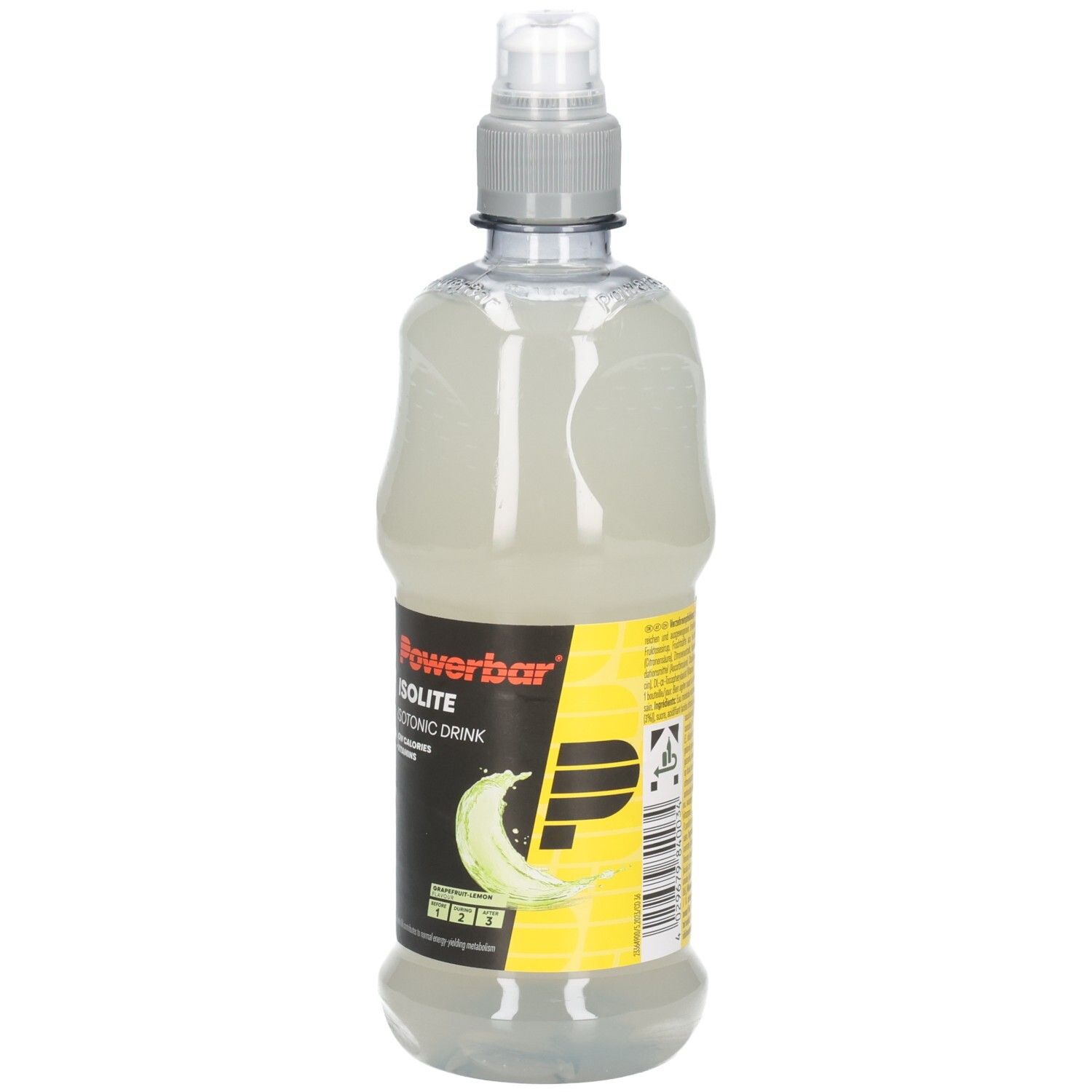 Powerbar Isolite Flasche. Isotonisches Sportgetränk. Grapefruit-Zitrone. Schwarzes Etikett mit gelbem 'P'. Transparente Flasche mit Flüssigkeit.