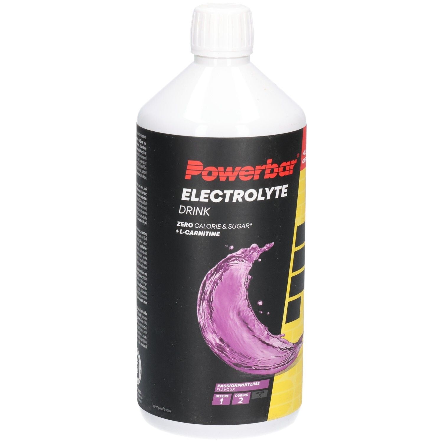 Weiße Flasche mit Powerbar Electrolyte Drink. Aufschrift: Zero Calorie & Sugar + L-Carnitine. Abbildung einer lila Flüssigkeit.