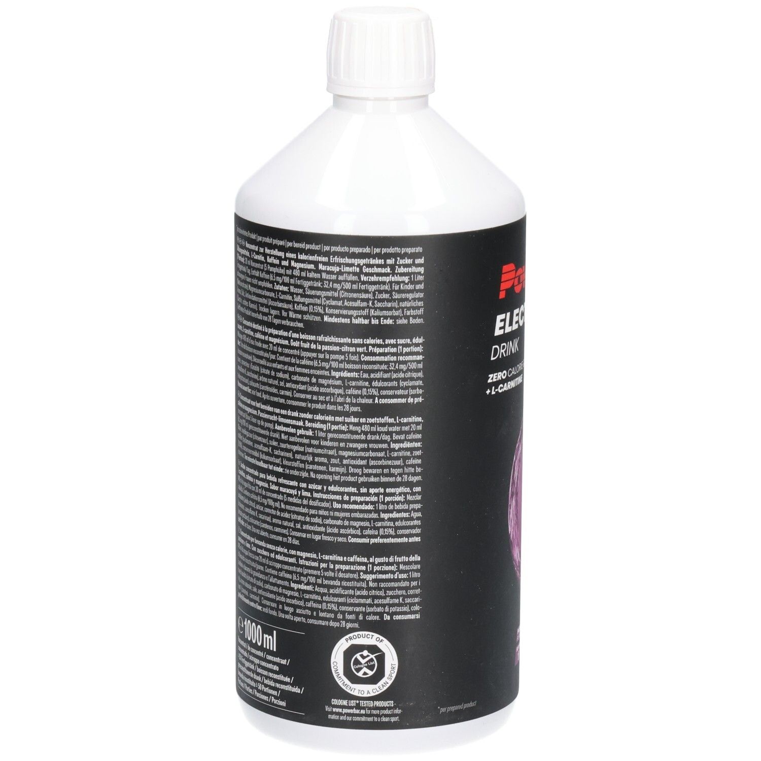 Rückseite der weißen Flasche Powerbar Electrolyte Drink. Text in mehreren Sprachen. 1000 ml. Mit Logos und Informationen.