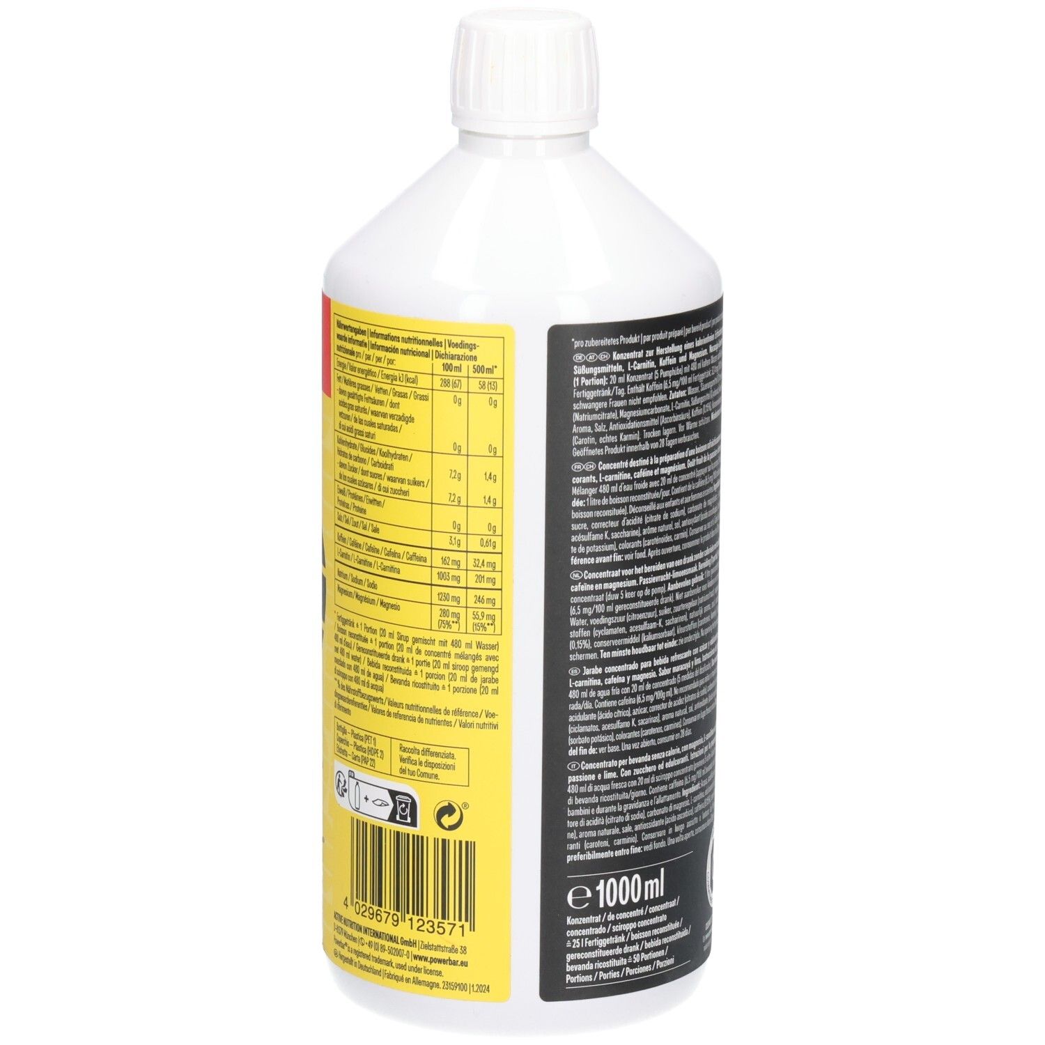 Rückseite der weißen Flasche Powerbar Electrolyte Drink. Nährwertangaben und Text in mehreren Sprachen. 1000 ml.