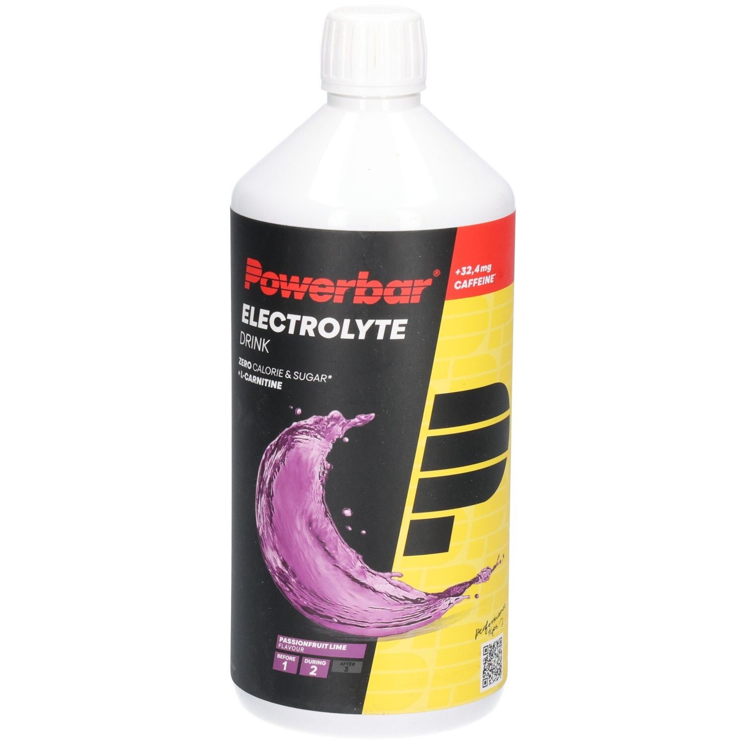 Weiße Flasche Powerbar Electrolyte Drink. Aufschrift: Zero Calorie & Sugar + L-Carnitine. Mit +32,4mg Koffein. Abbildung lila Flüssigkeit.