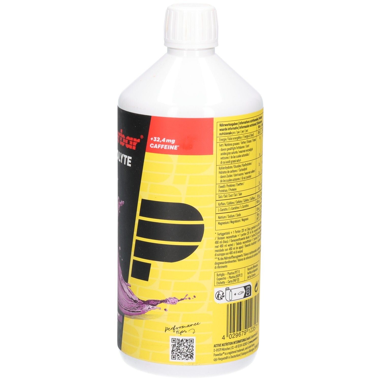 Weiße Flasche Powerbar Electrolyte Drink. Aufschrift: +32,4mg Koffein. Nährwertangaben. QR-Code. Gelber Hintergrund.