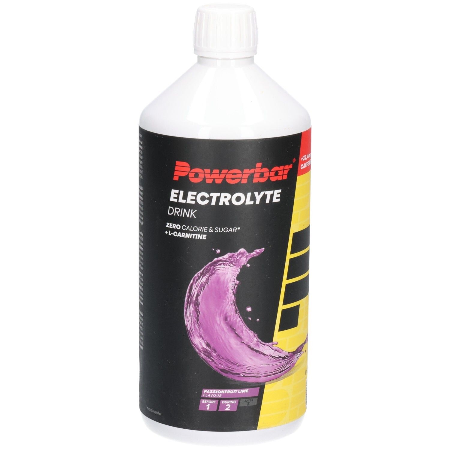 Weiße Flasche Powerbar Electrolyte Drink. Aufschrift: Zero Calorie & Sugar + L-Carnitine. Abbildung lila Flüssigkeit. Gelber Hintergrund.