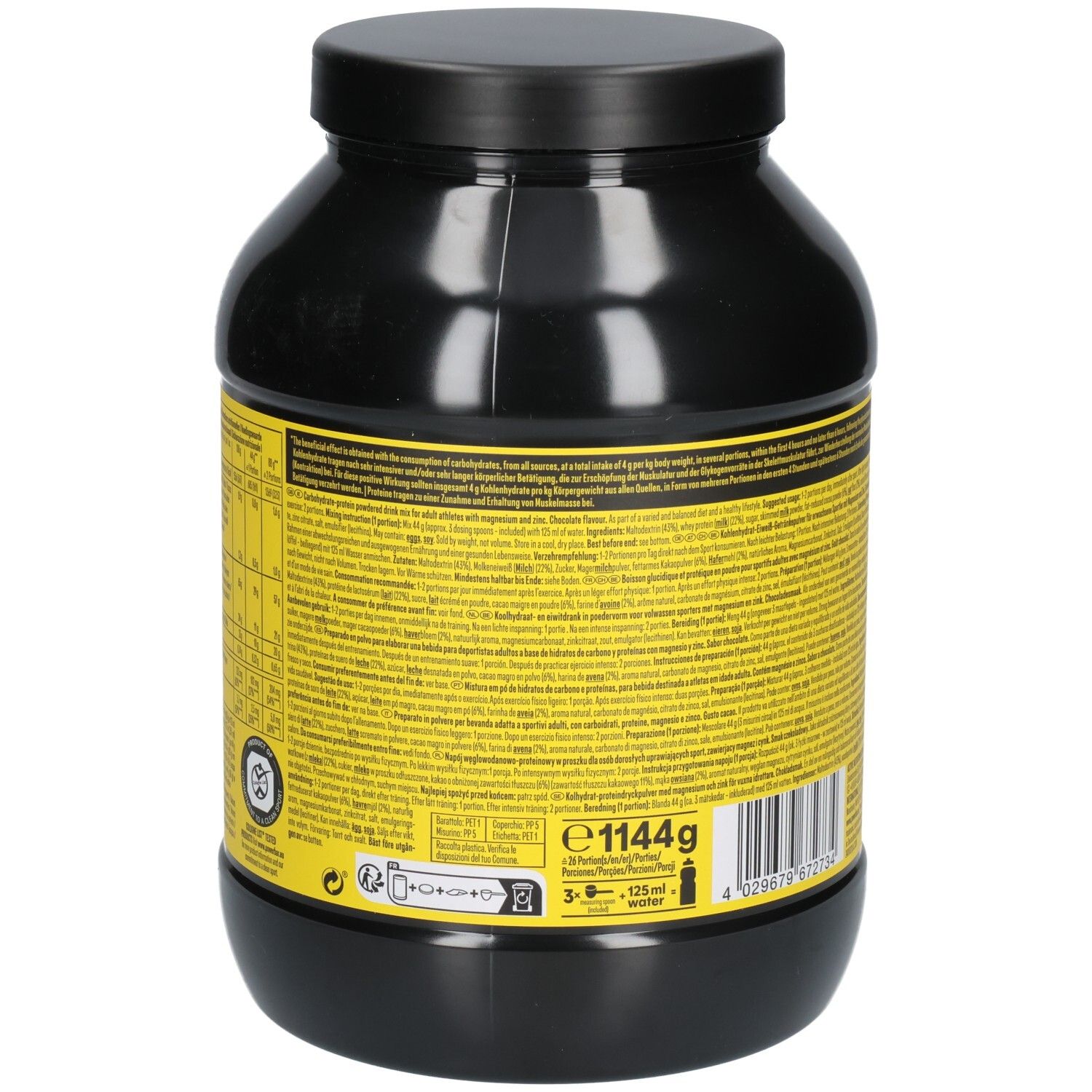 Schwarze Dose mit Powerbar Recovery Max. Rückseite mit Text und Nährwertangaben. Gelber Hintergrund. Schwarzer Deckel.