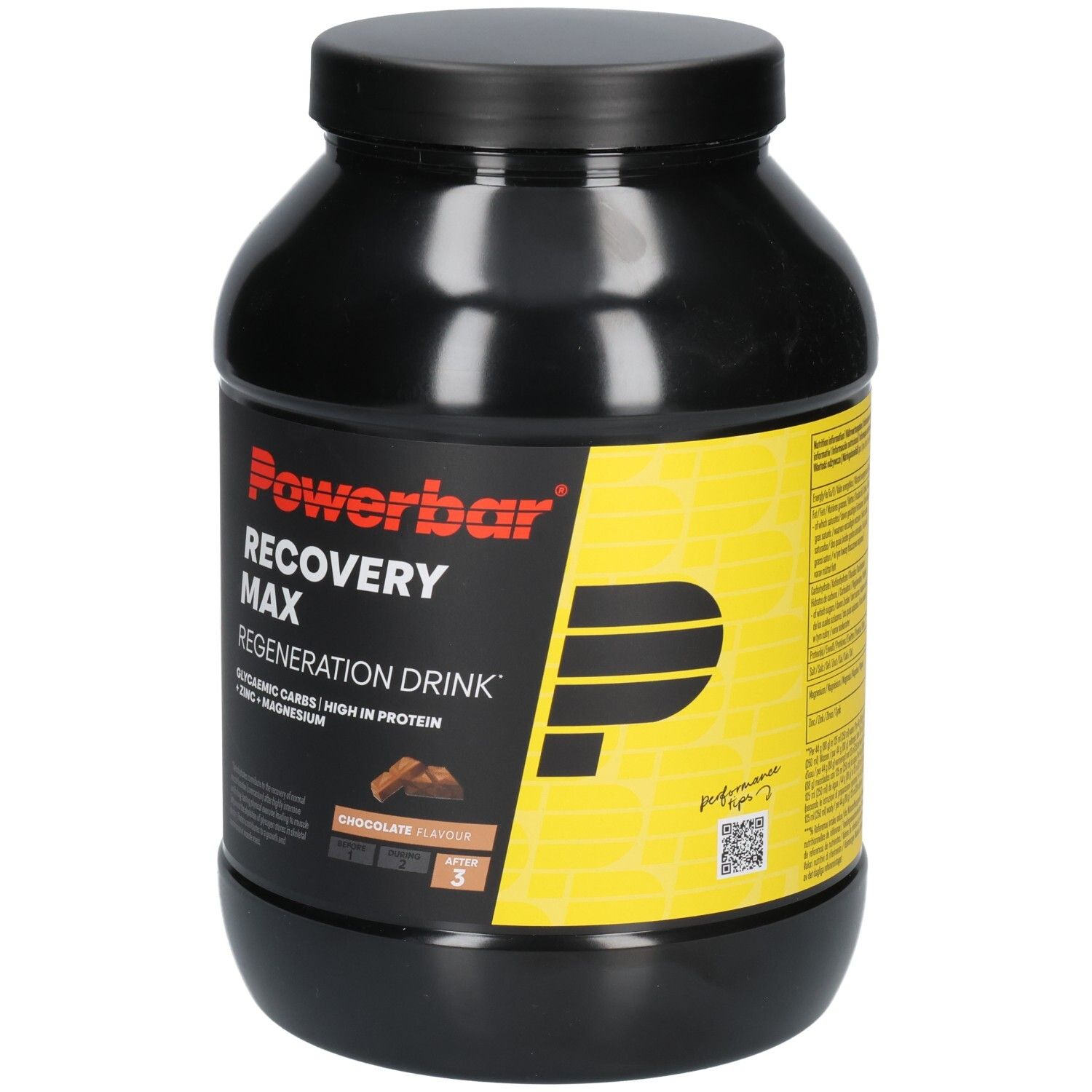 Schwarze Dose mit Powerbar Recovery Max. Aufschrift: Regeneration Drink, Glykämische Kohlenhydrate, High in Protein, Zink + Magnesium. Schokoladengeschmack.