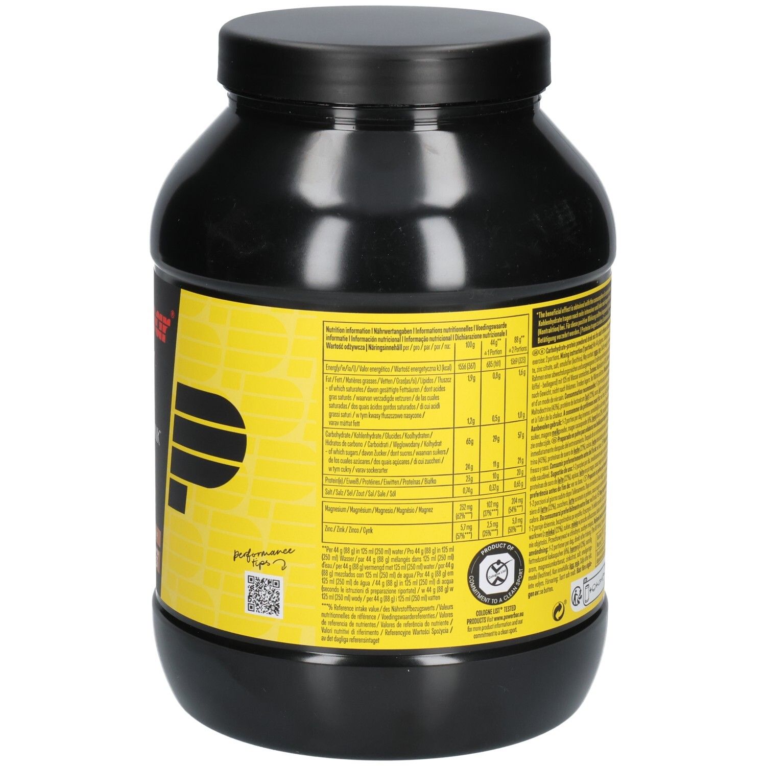 Schwarze Dose mit Powerbar Recovery Max. Rückseite mit Text und Nährwertangaben. Gelber Hintergrund. Schwarzer Deckel.