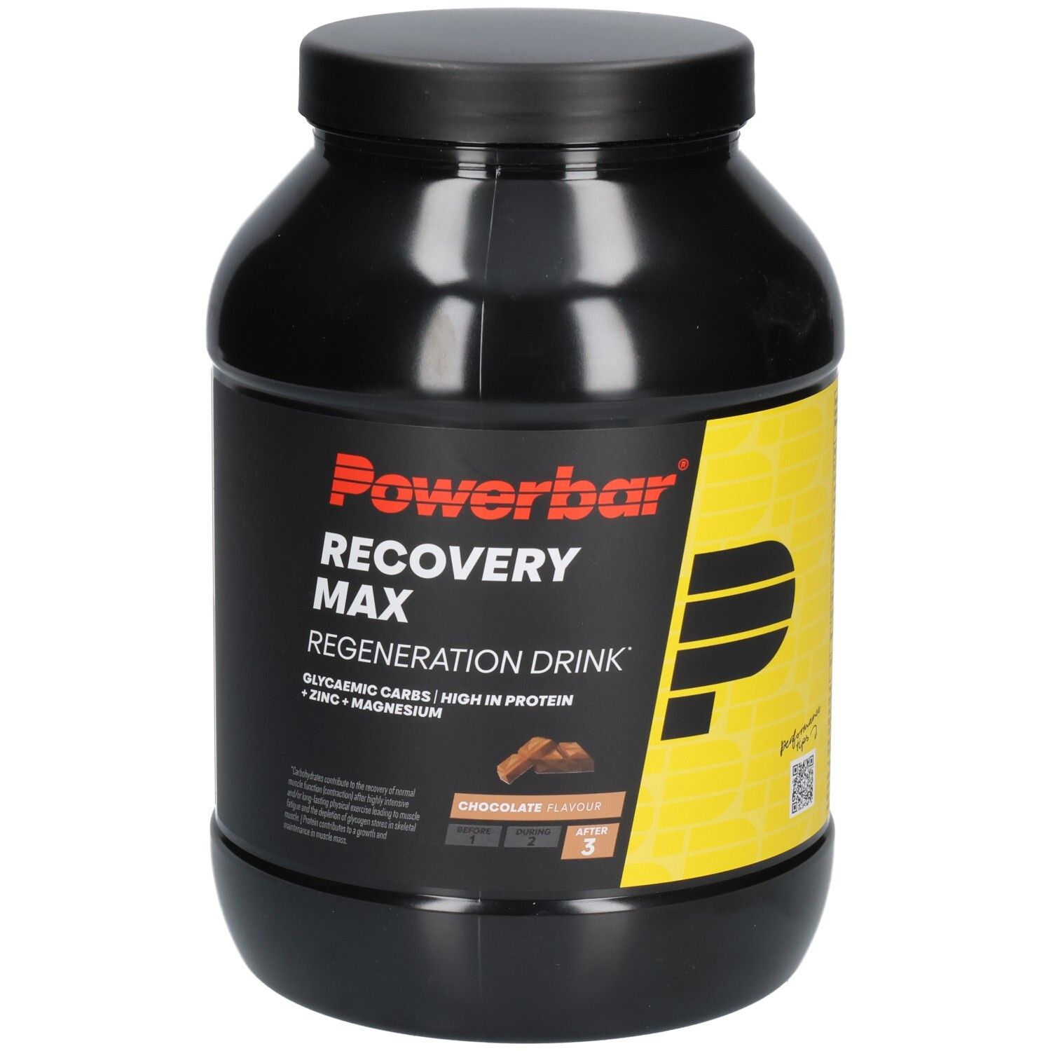 Schwarze Dose mit Powerbar Recovery Max. Aufschrift: Regeneration Drink, Glykämische Kohlenhydrate, High in Protein, Zink + Magnesium. Schokoladengeschmack.