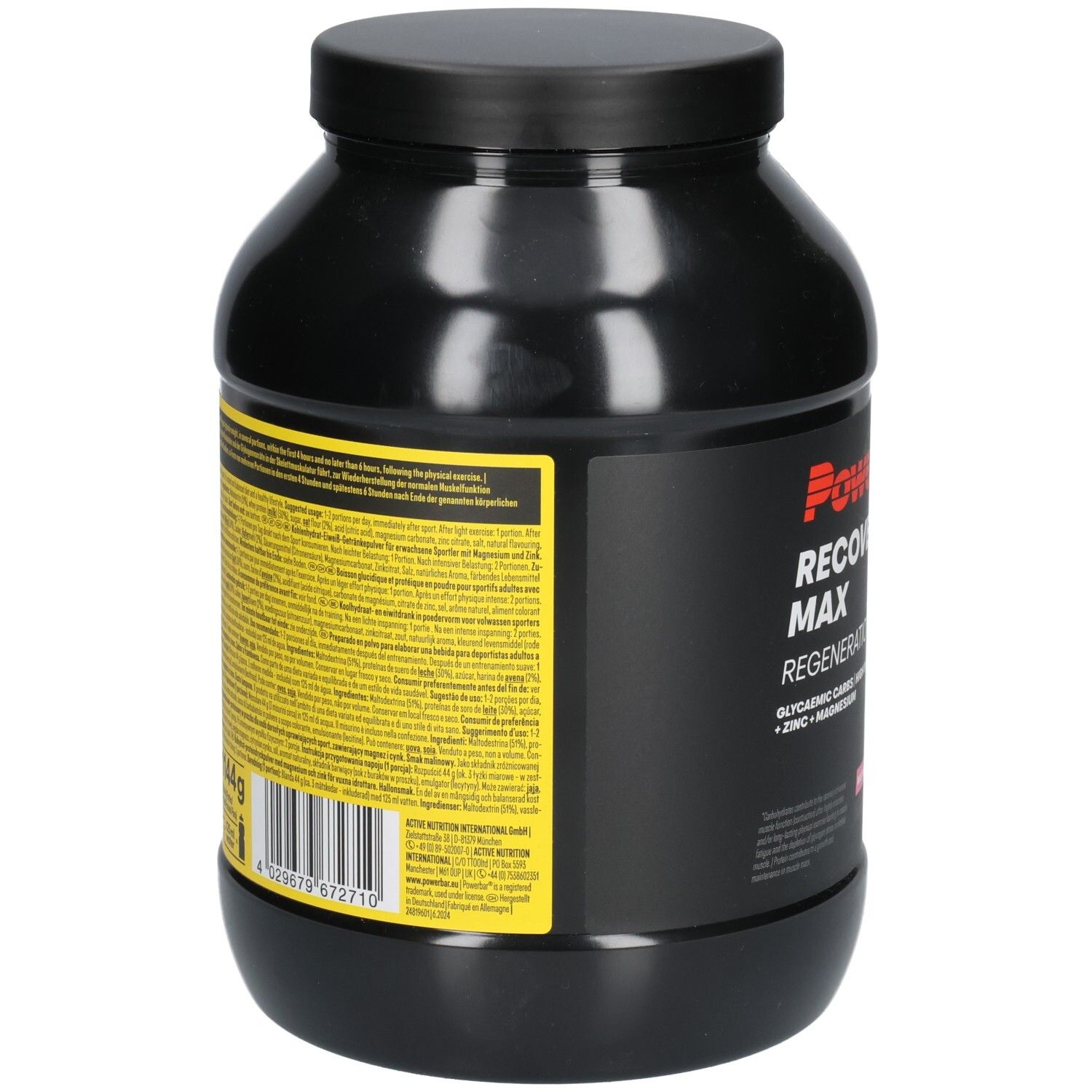 Schwarze Dose, Rückseite. Gelber Aufkleber mit Text und Barcode. Produktinformationen und Nährwertangaben.