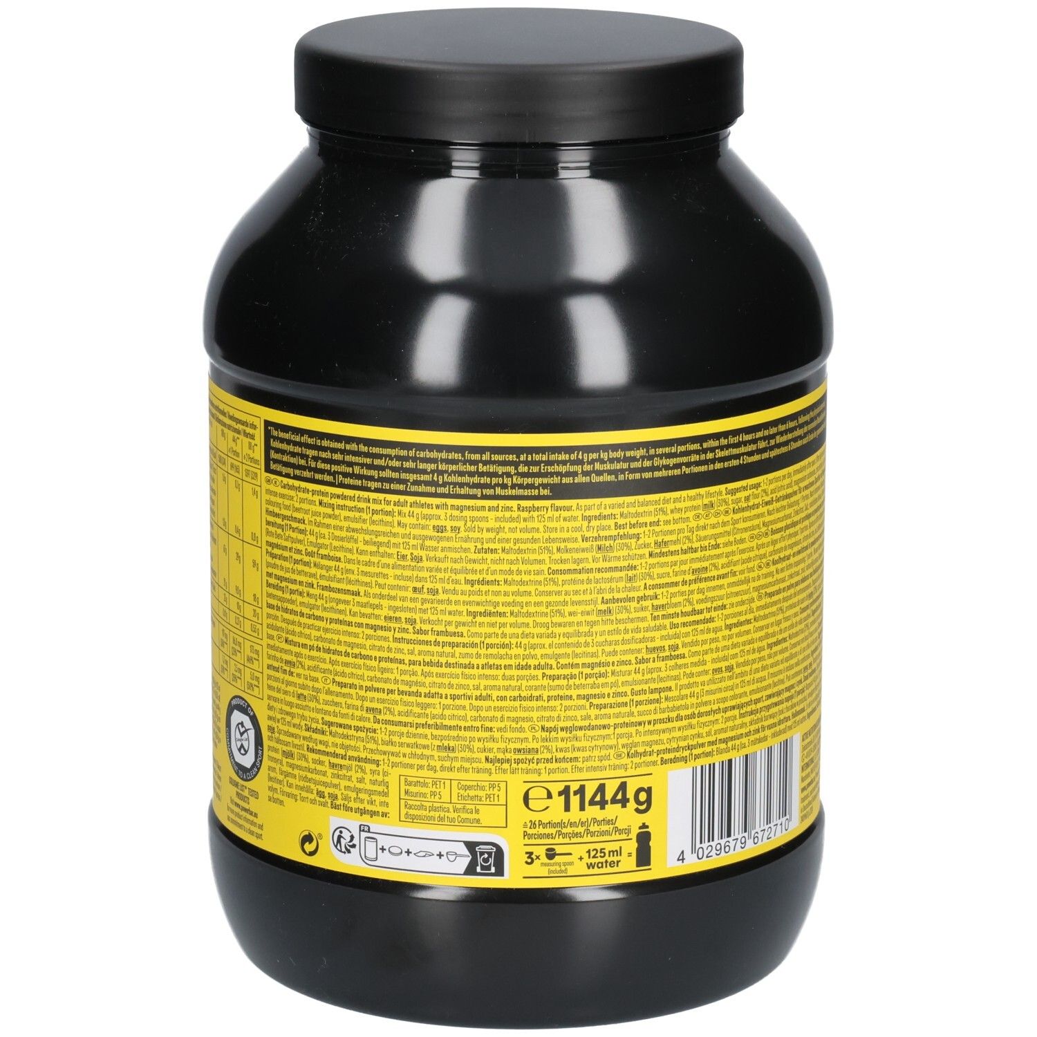 Schwarze Dose, Rückseite. Gelber Aufkleber mit Text und Barcode. Produktinformationen und Nährwertangaben. Gewicht: 1144g.
