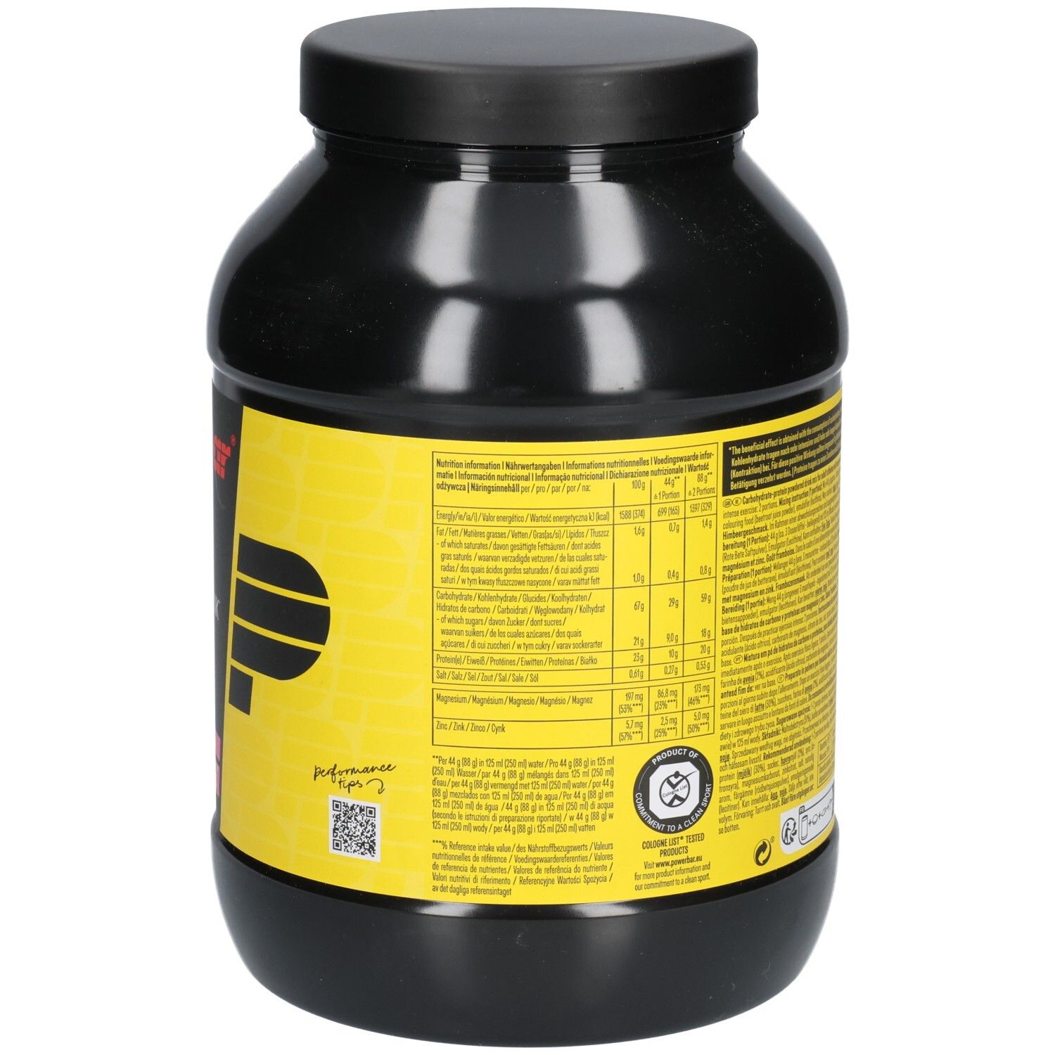 Schwarze Dose, Detailansicht. Gelber Aufkleber mit Nährwertangaben und Produktinformationen. Powerbar-Logo.