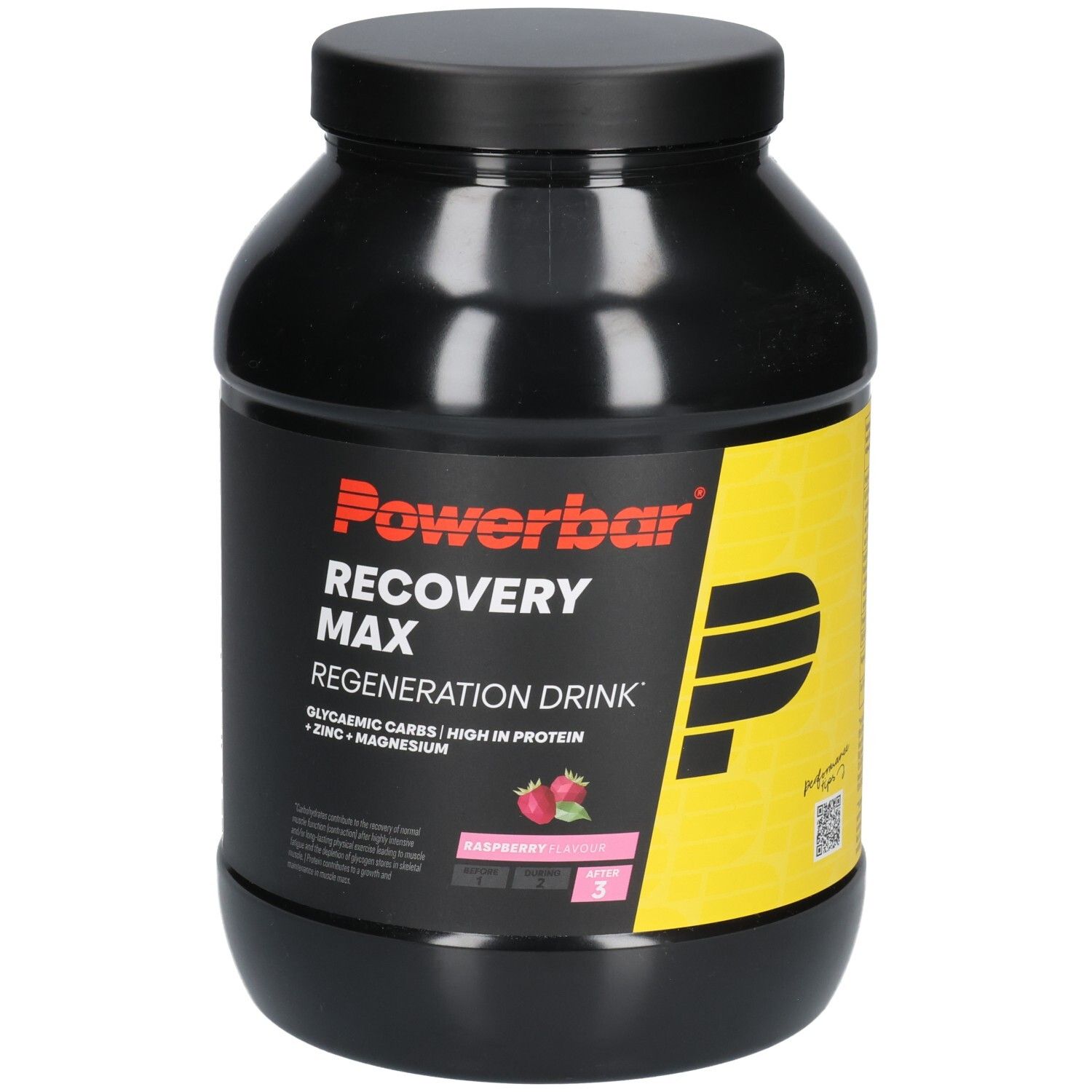 Schwarze Dose mit Powerbar-Logo und Produktbezeichnung Recovery Max. Himbeer-Geschmack. Gelber Aufkleber mit Produktinformationen.