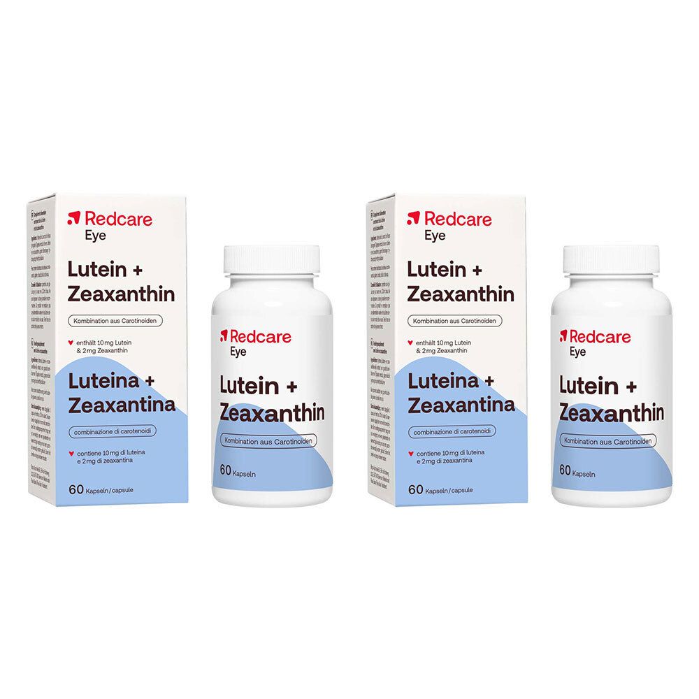 Mehrere Packungen und Flaschen mit dem Produkt Redcare Eye Lutein + Zeaxanthin. Aufschrift: Lutein + Zeaxanthin, 60 Kapseln.