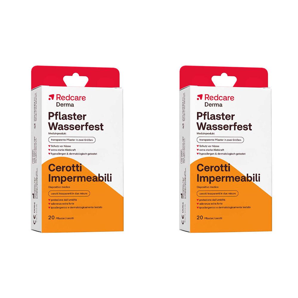 Zwei Packungen Redcare Derma Pflaster Wasserfest. Weiße Verpackung mit rotem Aufhänger. Text: Pflaster Wasserfest, Cerotti Impermeabili. 20 Stück.