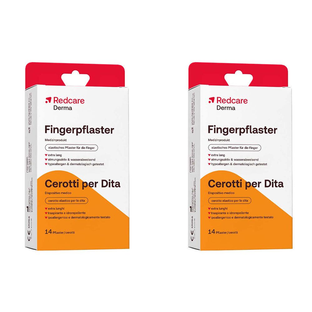 Zwei Packungen Fingerpflaster. Weiße Schachteln mit rotem Aufhänger. Aufdruck: Redcare Derma, Fingerpflaster, Cerotti per Dita, 14 Stück.