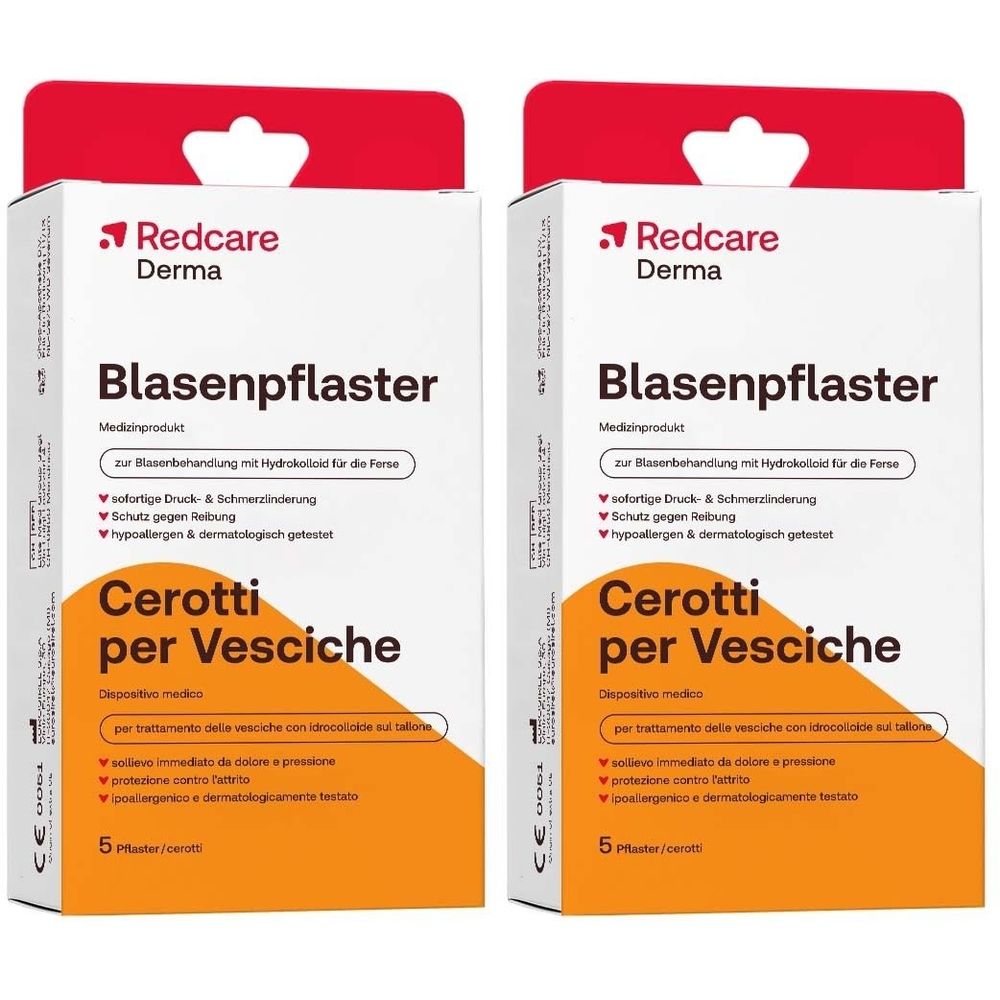 Zwei Packungen Redcare Derma Blasenpflaster. Jede Packung enthält 5 Pflaster. Text: Blasenpflaster, Cerotti per Vesiche.