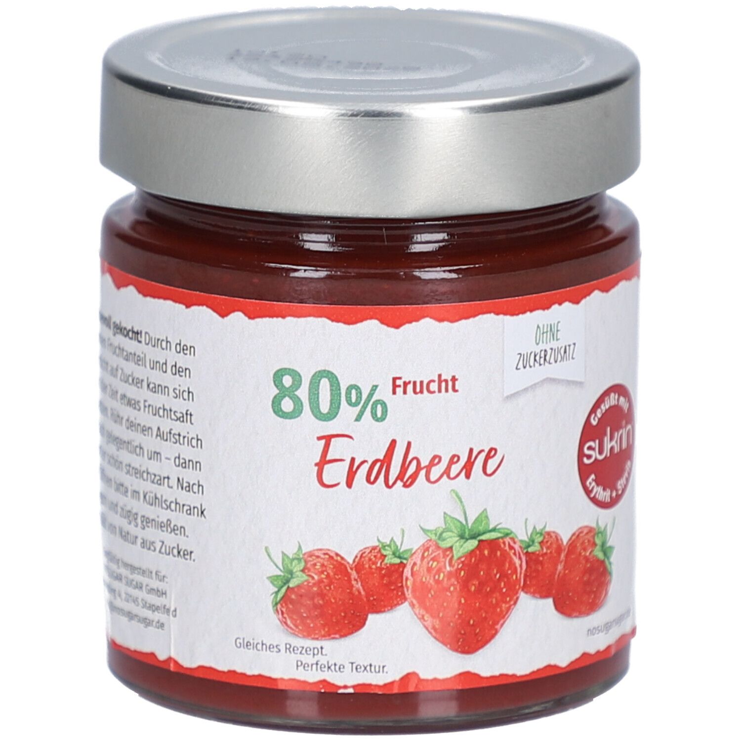 Glas mit Erdbeer-Fruchtaufstrich. Etikett mit Aufschrift 80% Frucht, Erdbeere, ohne Zuckerzusatz. Sukrin Logo.