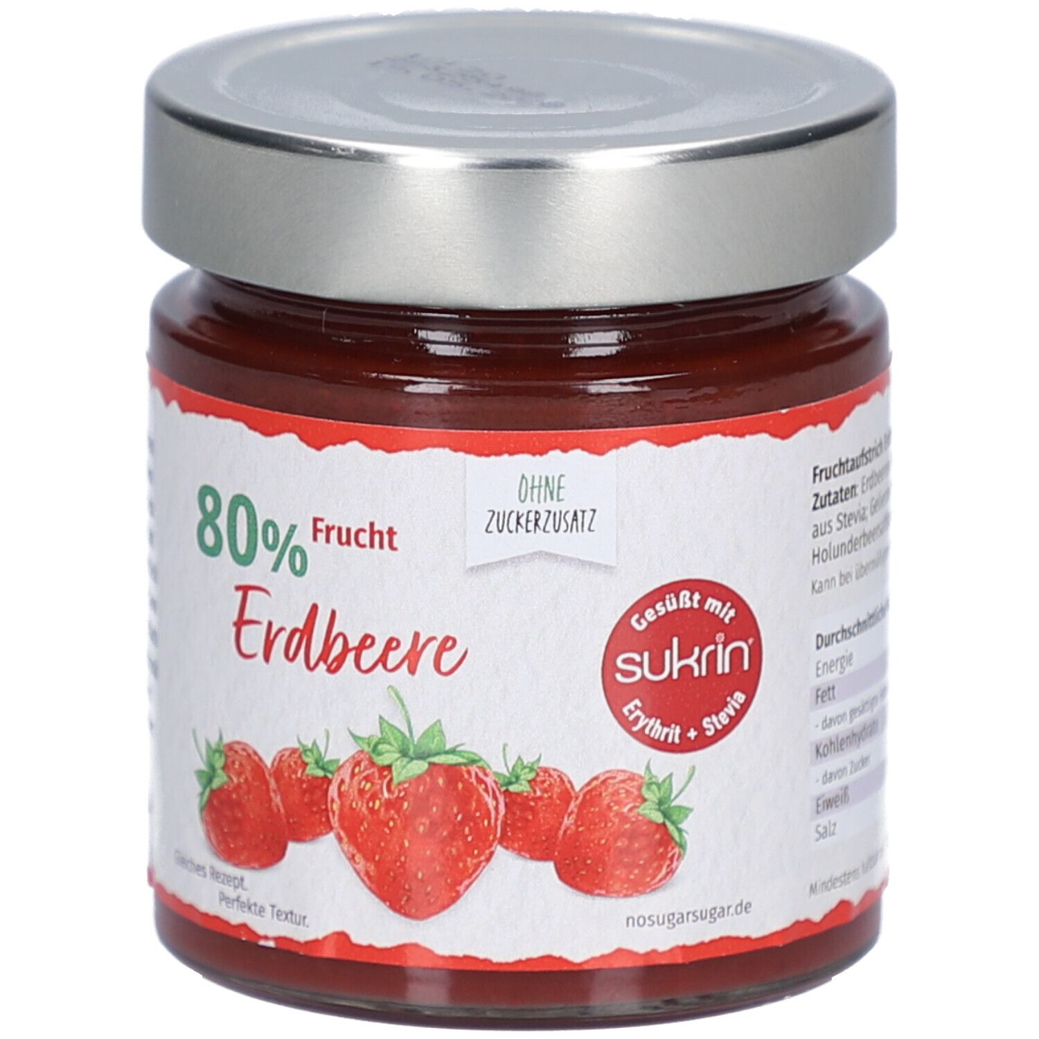 Glas mit Erdbeer-Fruchtaufstrich. Etikett mit Aufschrift 80% Frucht, Erdbeere, ohne Zuckerzusatz. Sukrin Logo.