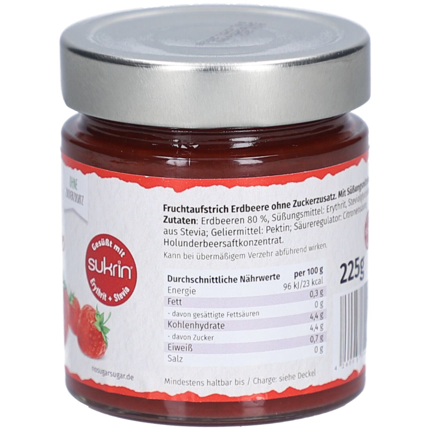 Glas mit Erdbeer-Fruchtaufstrich. Rückseite mit Nährwertangaben und 225g. Sukrin Logo. Zutatenliste.