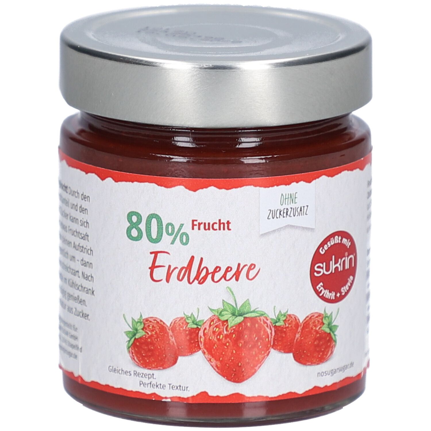 Glas mit Erdbeer-Fruchtaufstrich. Etikett mit Aufschrift 80% Frucht, Erdbeere, ohne Zuckerzusatz. Sukrin Logo.