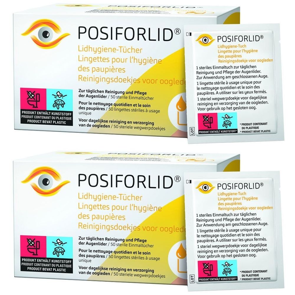 Zwei Kartons und zwei Einzelverpackungen. Aufdruck POSIFORLID, Lidhygiene-Tücher. Einzelverpackung mit Text. Produkt enthält Kunststoff.