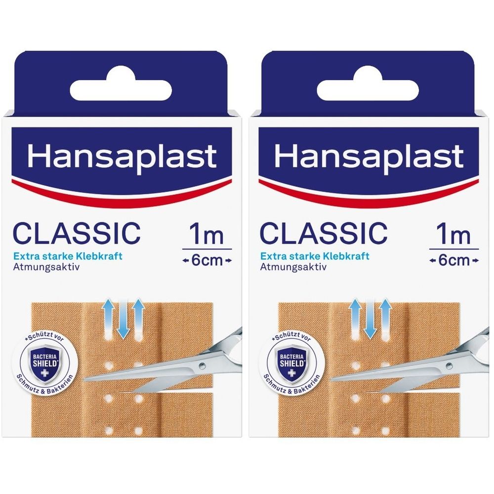 Zwei Packungen Hansaplast Classic Pflaster. Aufdruck: Classic, 1m -6cm-, Extra starke Klebkraft, Atmungsaktiv. Mit Schere und Bacteria Shield.