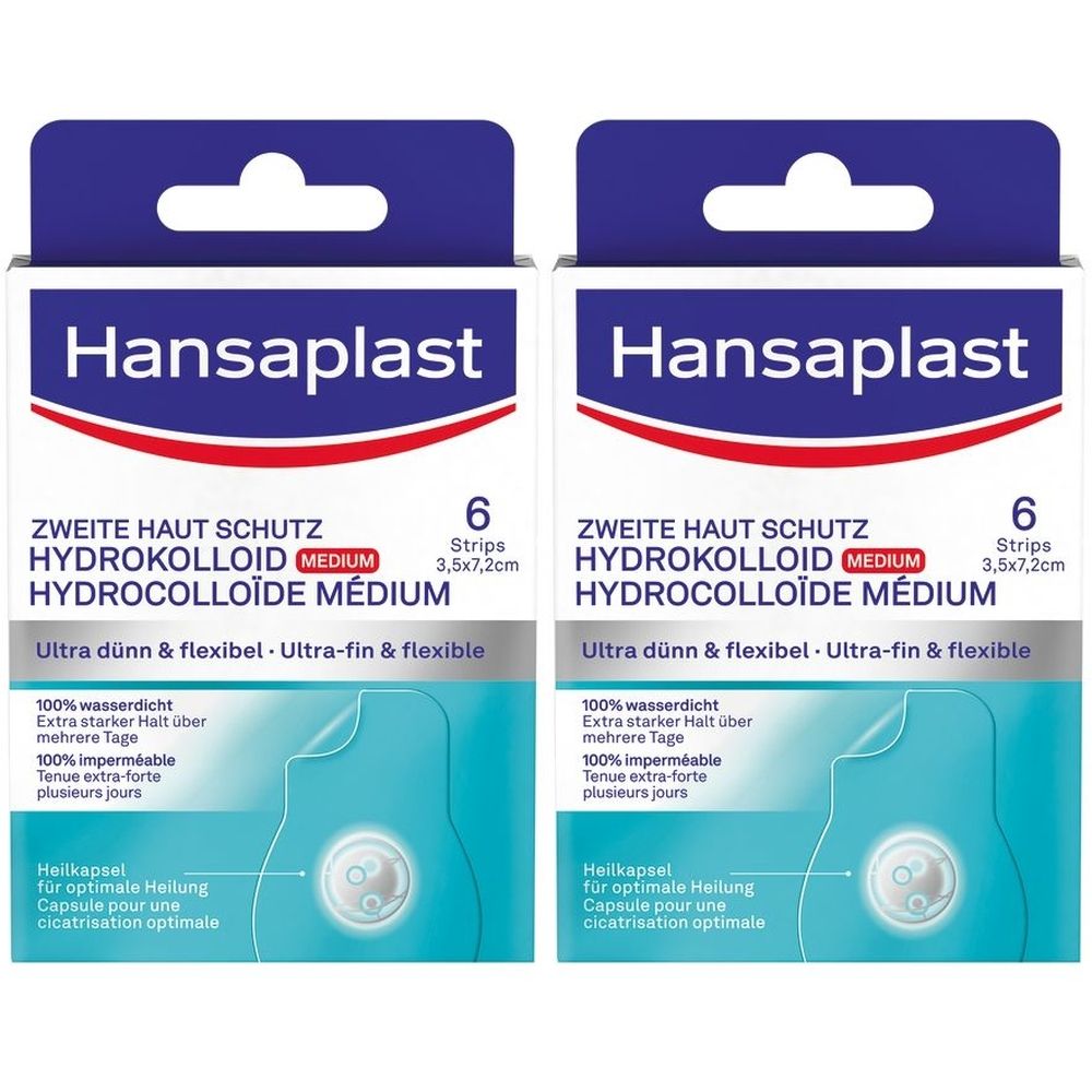 Zwei Packungen Hansaplast Hydrokolloid Pflaster. Jede Packung enthält 6 Streifen, 3,5x7,2cm. Ultra dünn und flexibel. Wasserdicht.
