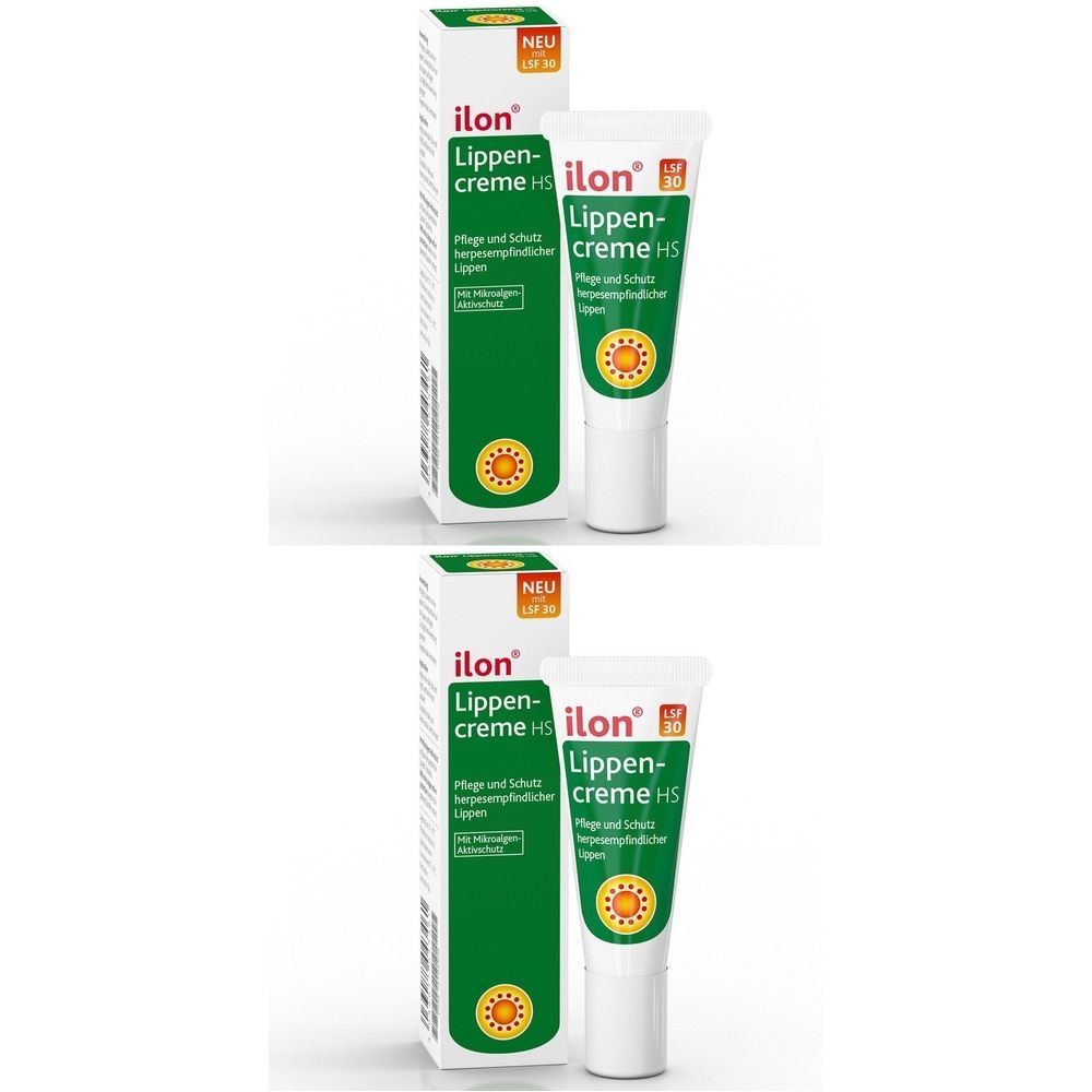 Zwei Tuben und Schachteln Lippencreme. Aufschrift: ilon Lippencreme HS. Verpackung mit grüner und weißer Schrift.