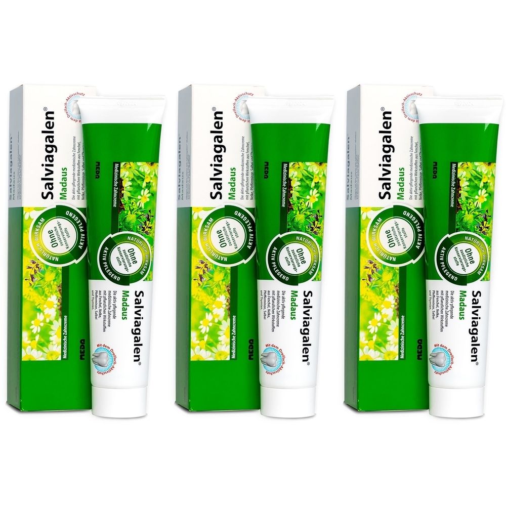 Drei Tuben und Verpackungen. Aufschrift Salviagalen Madaus. Grün-weiße Verpackung. Ohne Fluorid.