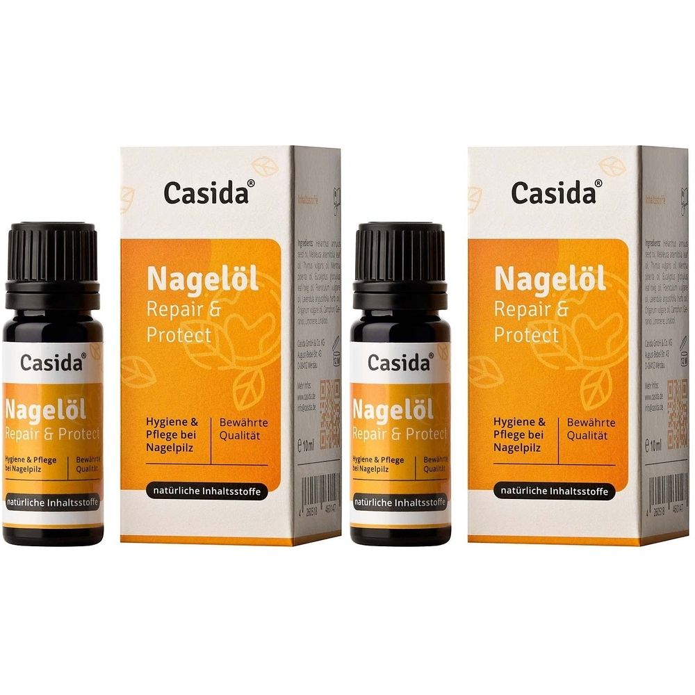 Drei Flaschen Nagelöl mit Verpackung. Aufschrift: Casida Nagelöl Repair & Protect. Mit Hinweisen zu Hygiene und Qualität.