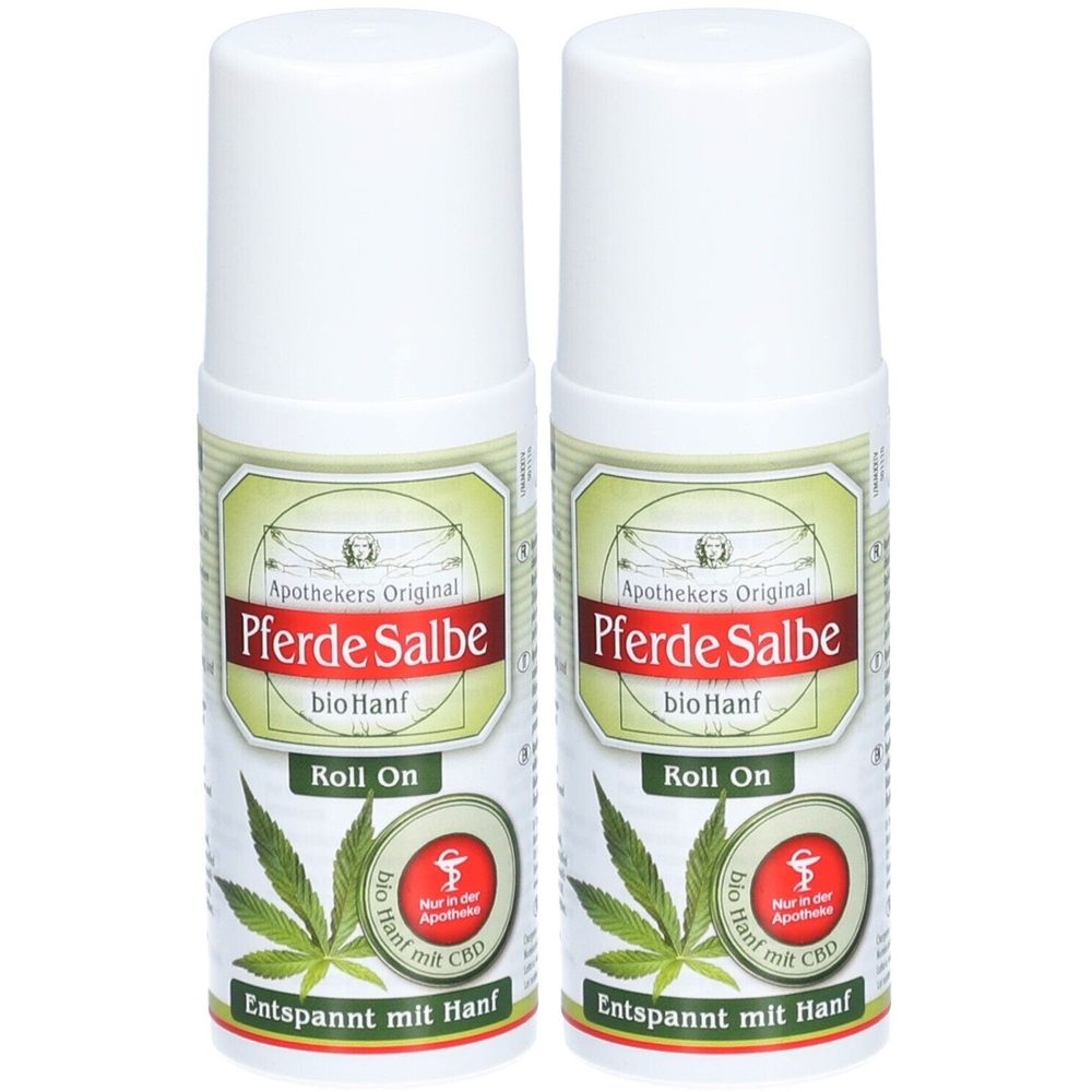 Zwei weiße Roll-on-Flaschen mit Etiketten. Aufschrift: Pferde Salbe bio Hanf, Roll On, Entspannt mit Hanf.